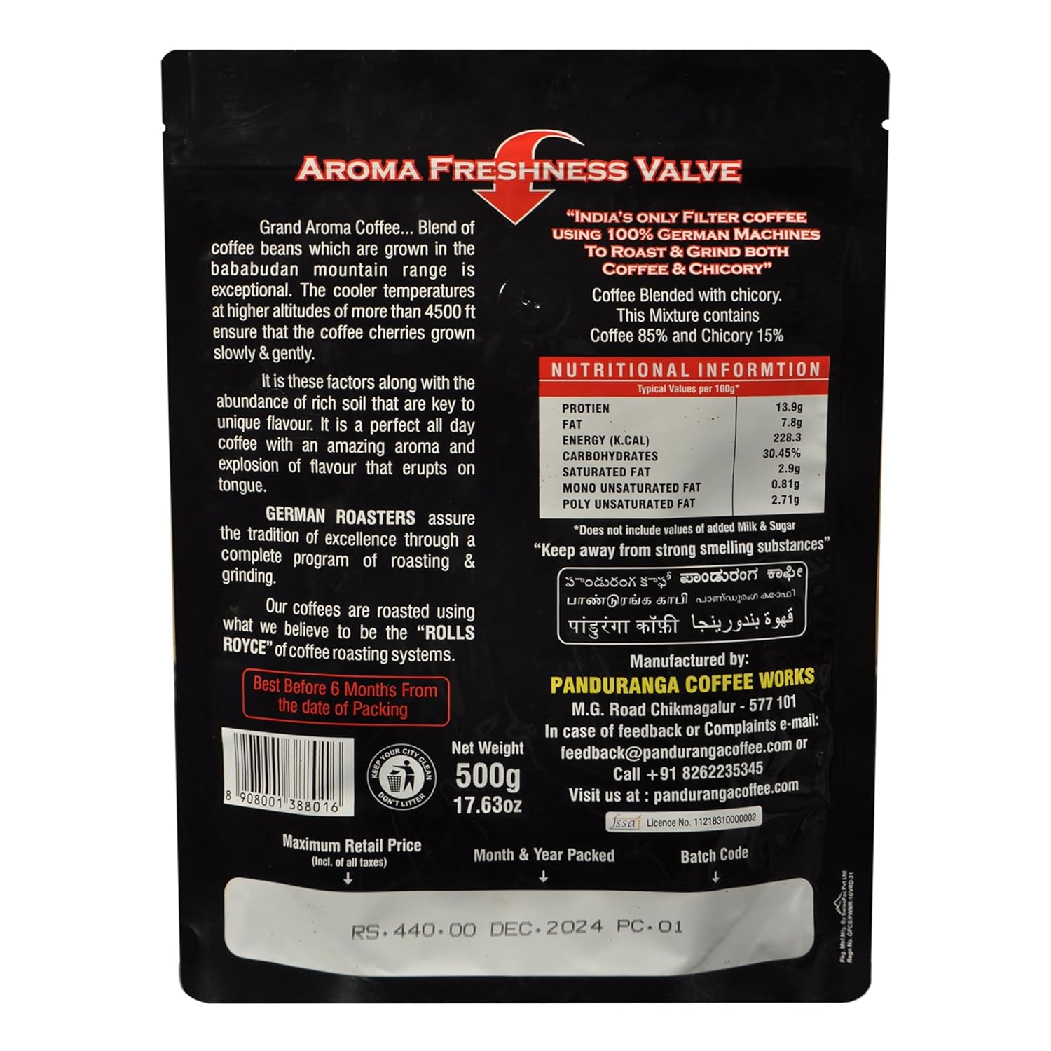 Panduranga Coffee Grand Aroma South Indian Filter Coffee, Chicory Coffee, Medium Roast Ground Coffee (2, 1000g)