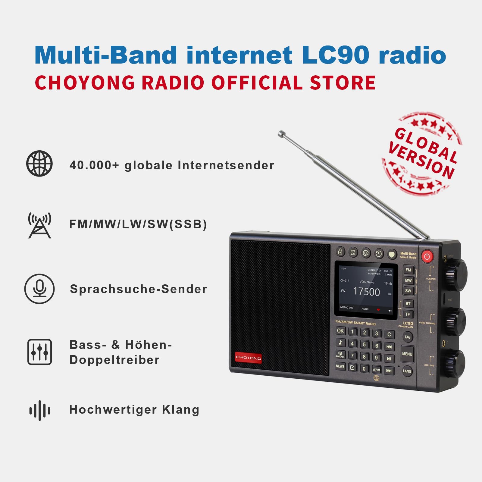 CHOYONG LC90 Multi-Band Smart Internet Radio Tragbares AM/FM, Lang- & Kurzwellenradio mit WiFi, Bluetooth, TF Karte choyoung