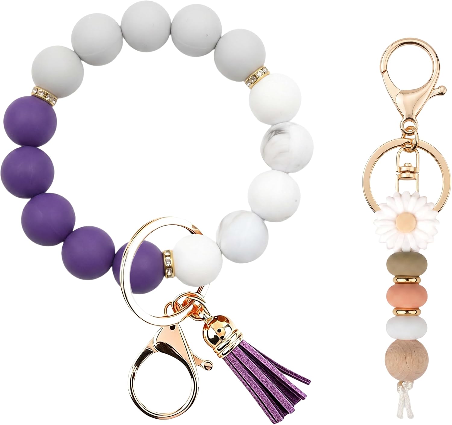 CHRIS GOOD Cute Bracelet Key Ring Set, Car Key chain Wristlet, Silicone Beaded Bangle keyChains for Women Girls