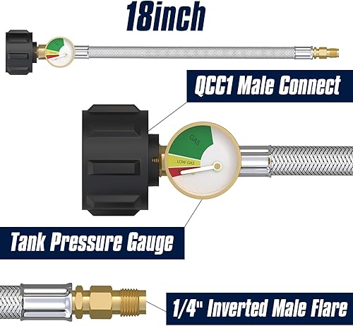 Miniatura 3 de Mangueras de propano RV de 18 pulgadas con calibre, manguera de propano trenzada de acero inoxidable, manguera de propano para tanque de caravana,