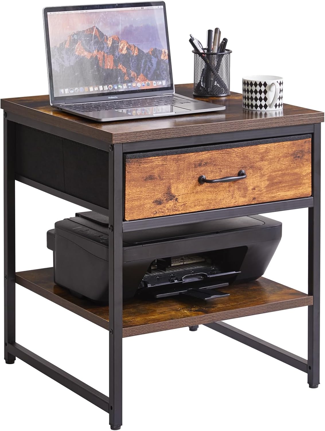 Small Table Stand with Drawers, Multi-Functional Side & Printer Accent Table with Storage Shelf, Rustic Brown YD-TM156H
