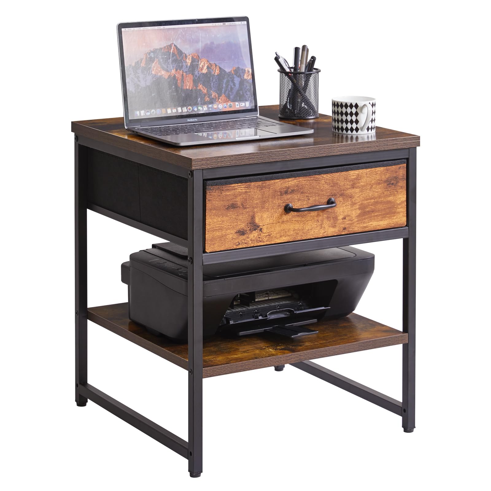 Aibiju Petite Table D'appoint 50 cm, Table d'appoint multifonctionnelle avec Tiroir en Tissu, Mini-réfrigérateur pour Cuisine, Chambre, Bureau, Dortoir, Brun Rustique YD-TM156H