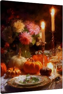 Pumpkin Canvas Kitchen Wall Art, Autumn Rustic Flower Candle Thanksgiving Orange Wall Paintings Prints Hanging Art Dining Room Breakfast Nook Restaurant Decor 8x10 Inch