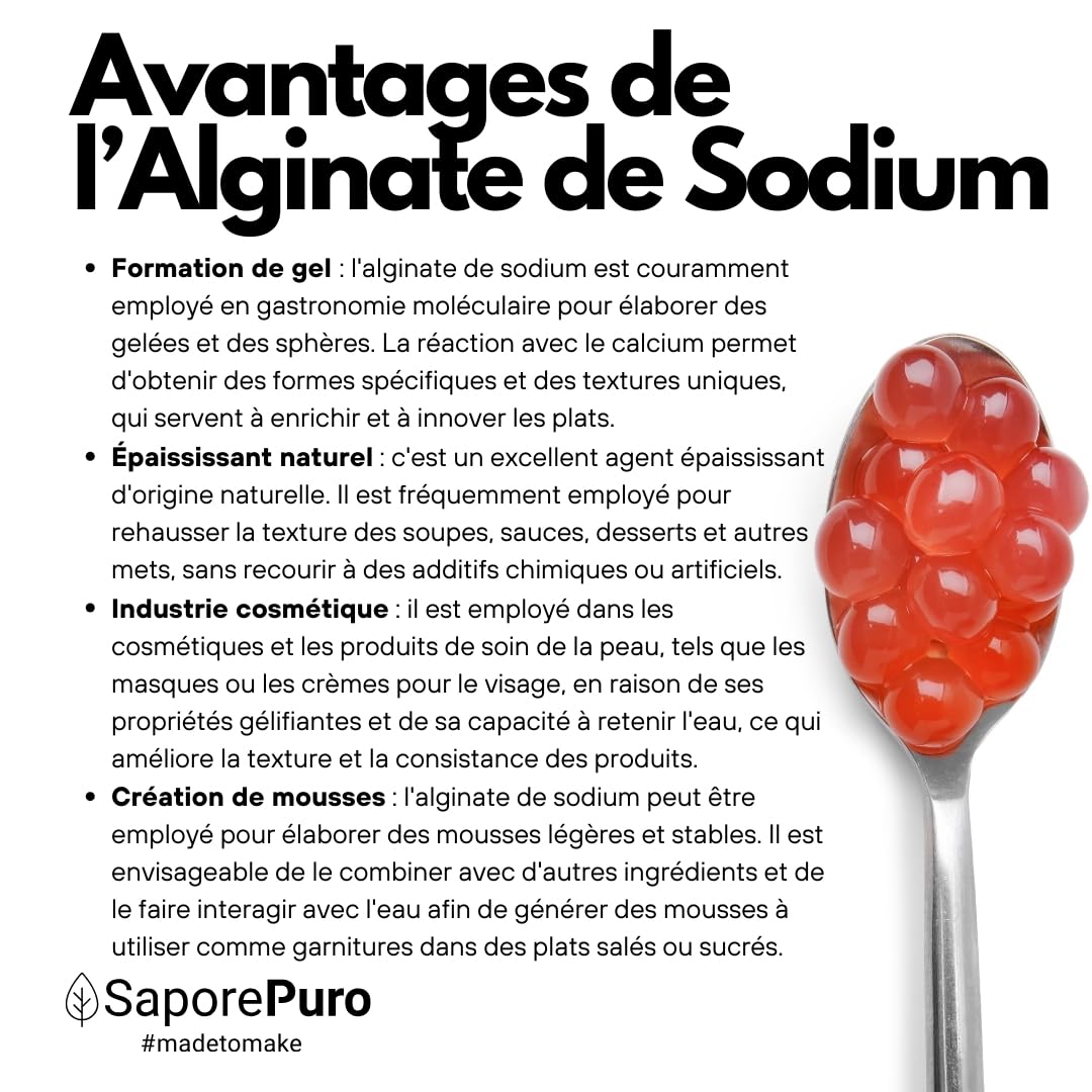 SaporePuro Alginate de Sodium en poudre 500 g – Épaississant, Gélifiant et Stabilisant Alimentaire – Idéal pour la Cuisine Moléculaire – Sans Gluten