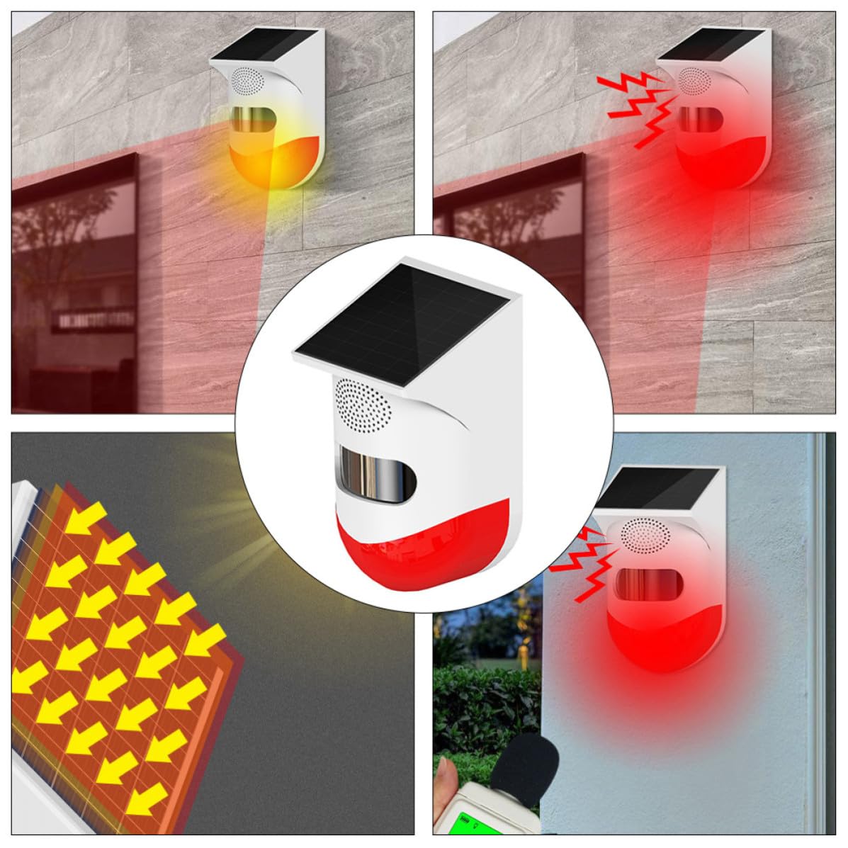 Allarme Infrarossi Esterno Solare Ip67 Rosso in Abs | Modalità Giorno/notte Intelligente, senza Cablaggio, Sensore per Sicurezza Domestica