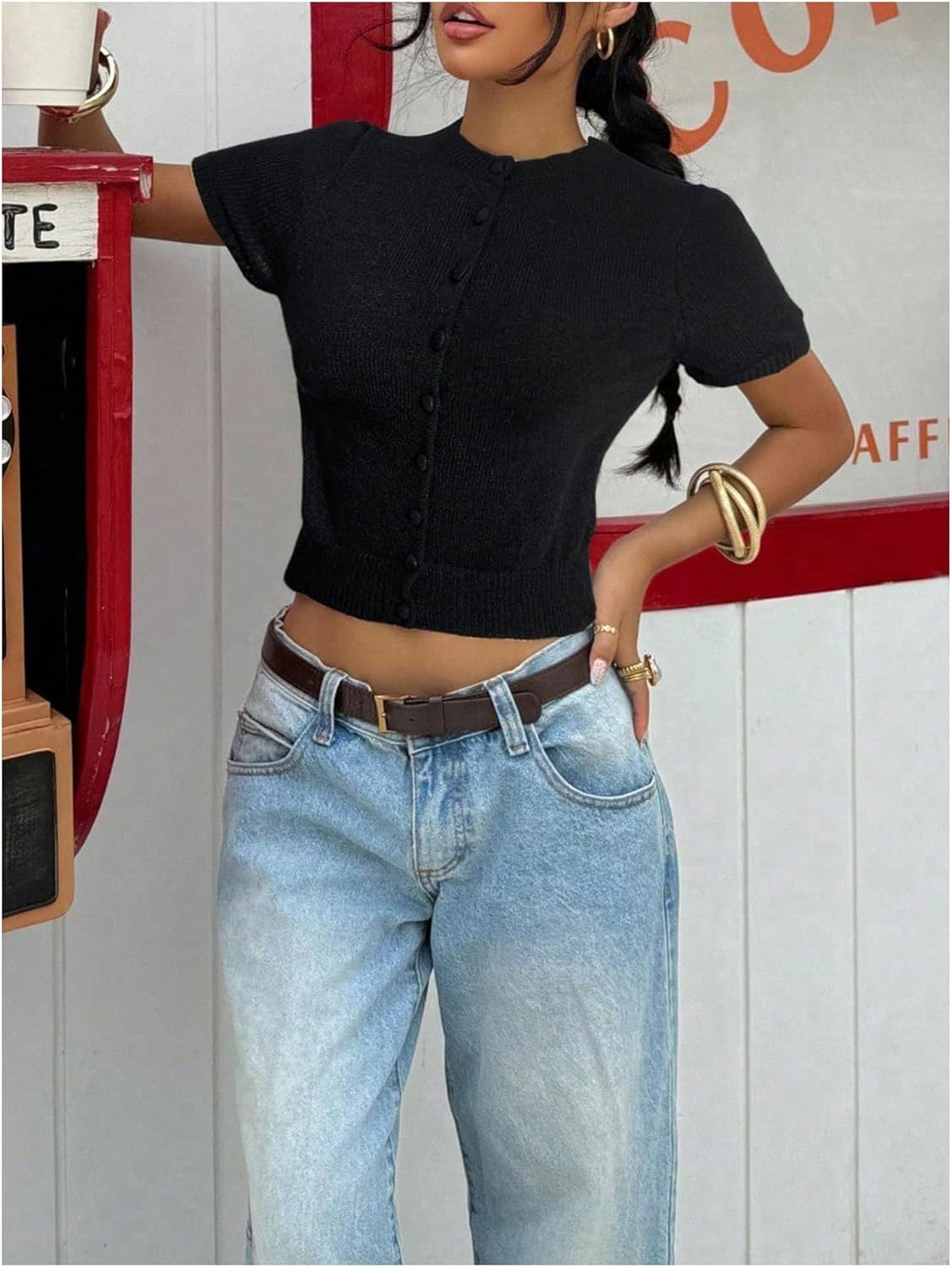 SHENHE Women's Button Down Cardigan Crew Neck Short Sleeve Lightweight Knit Fitted Sweaters - Image 5