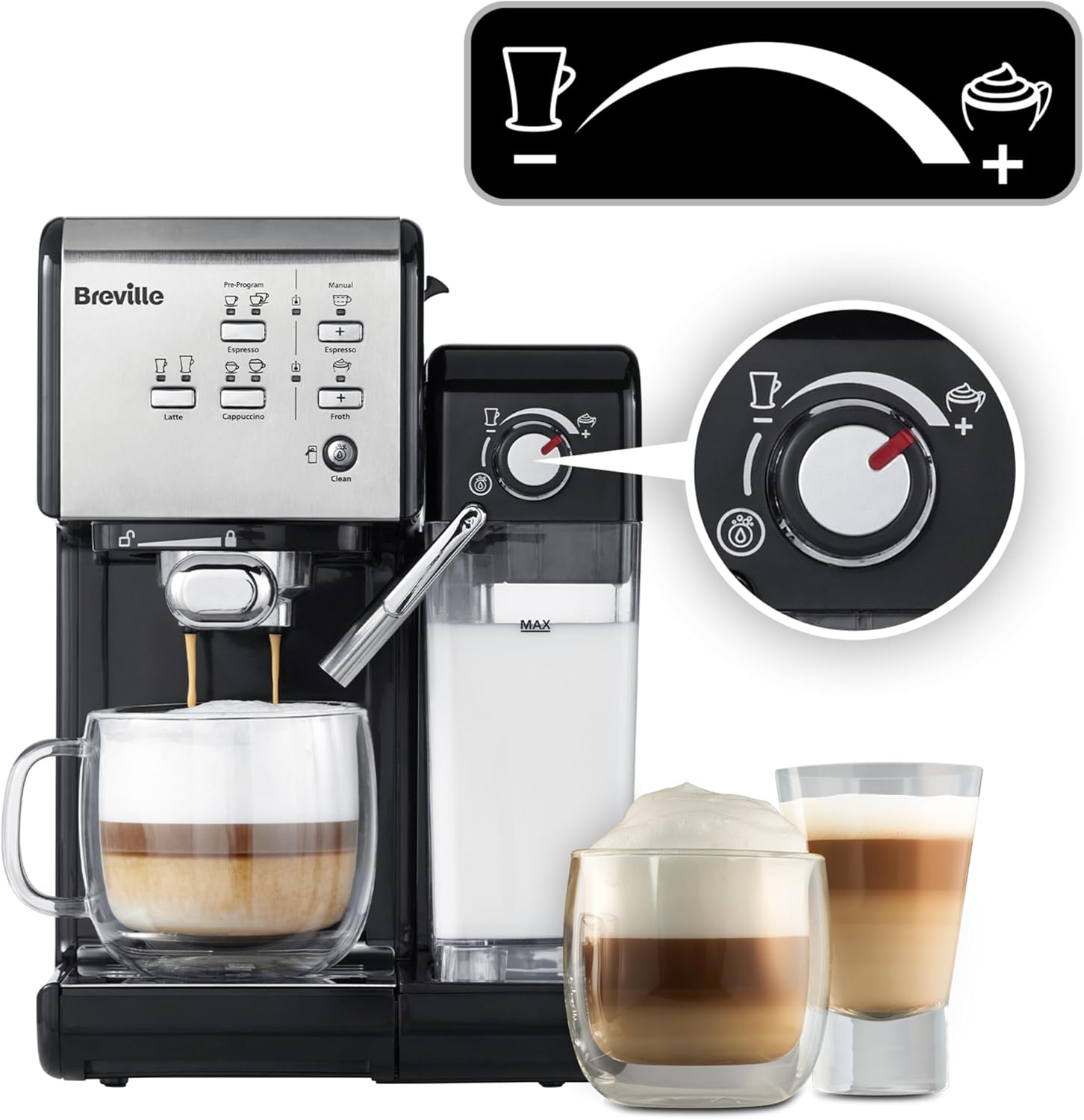 Breville Prima Latte II Espresso | Macchina per latte e cappuccino | Pompa professionale da 15 bar e montalatte | Argento [VCF108X] 19 Bar