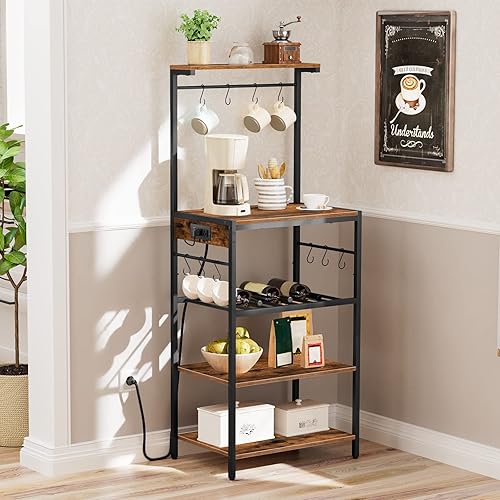 Miniatura 3 de HOOBRO Estante para hornear de cocina con toma de corriente, barra de café de 5 niveles con estante ajustable para vino, soporte para microondas con