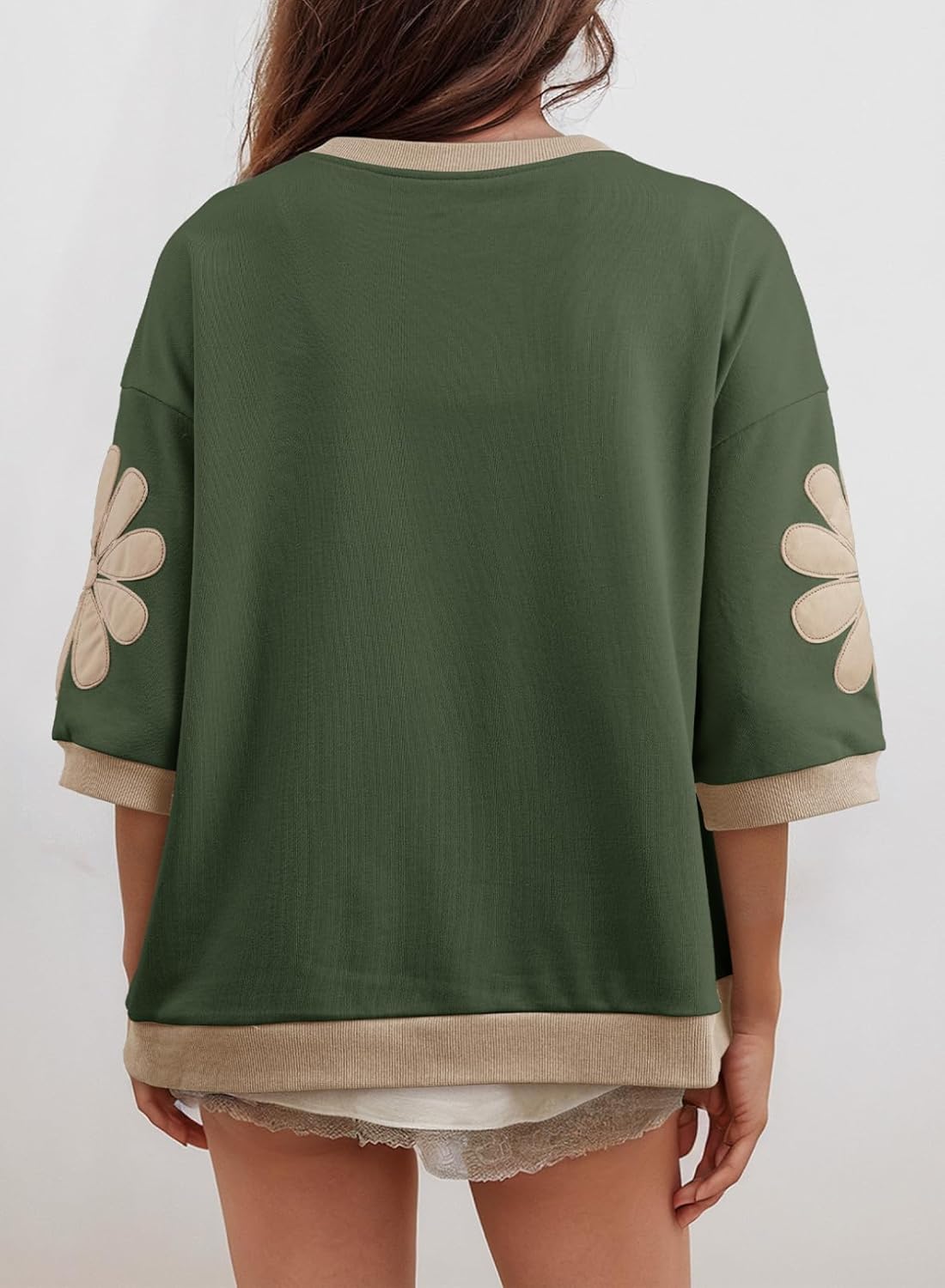 Dokotoo Women's Oversized 3/4 Sleeve Sweatshirt Floral Patch Crewneck Pullover Casual Tops - Image 3