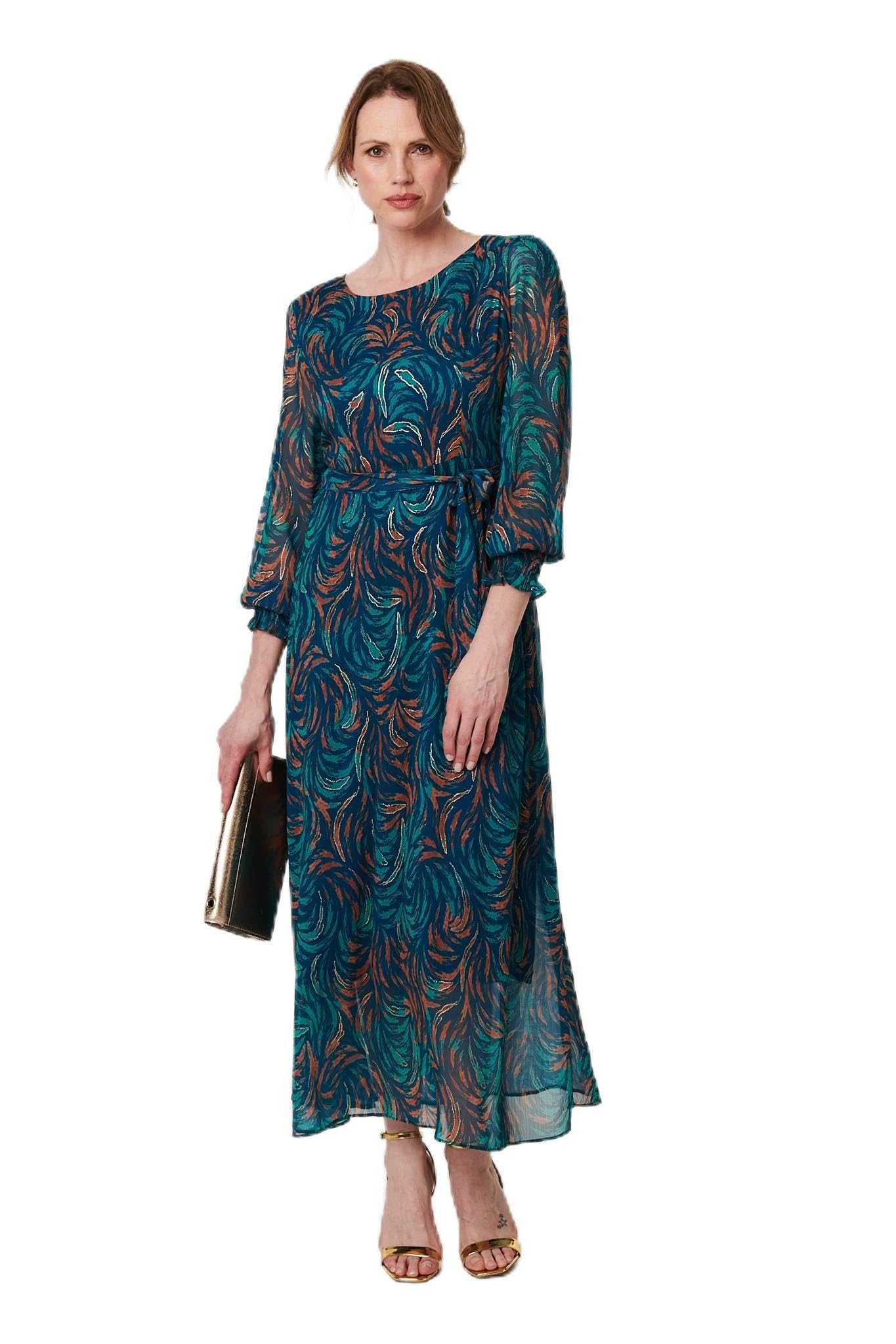 Izabel London Women's Teal Printed Long Sleeve Chiffon Midi Dress In | : Size 12