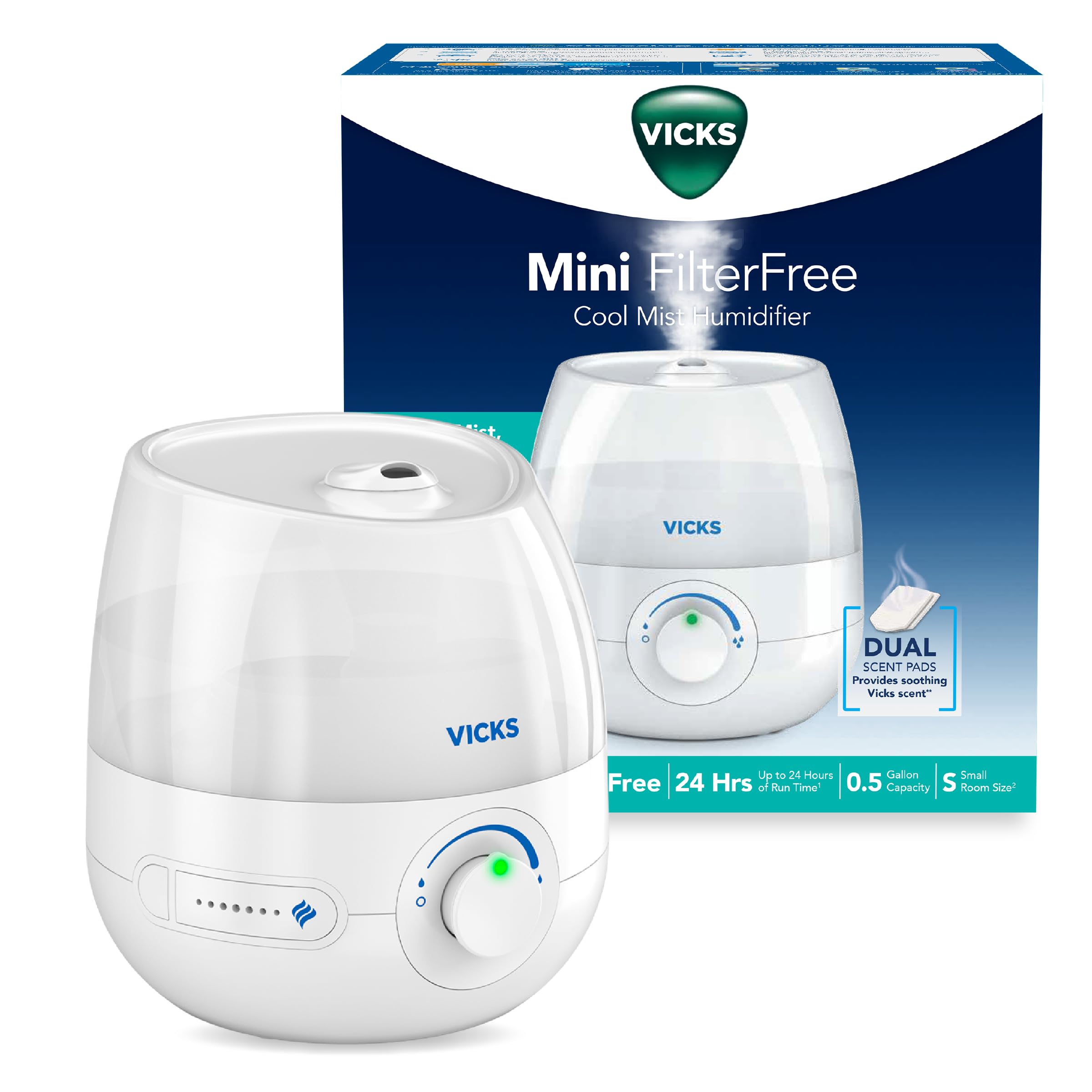 Vicks Mini Filter Free Cool Mist Humidifier, Small Room – Variable Mist Control – Works with Vicks VapoPads