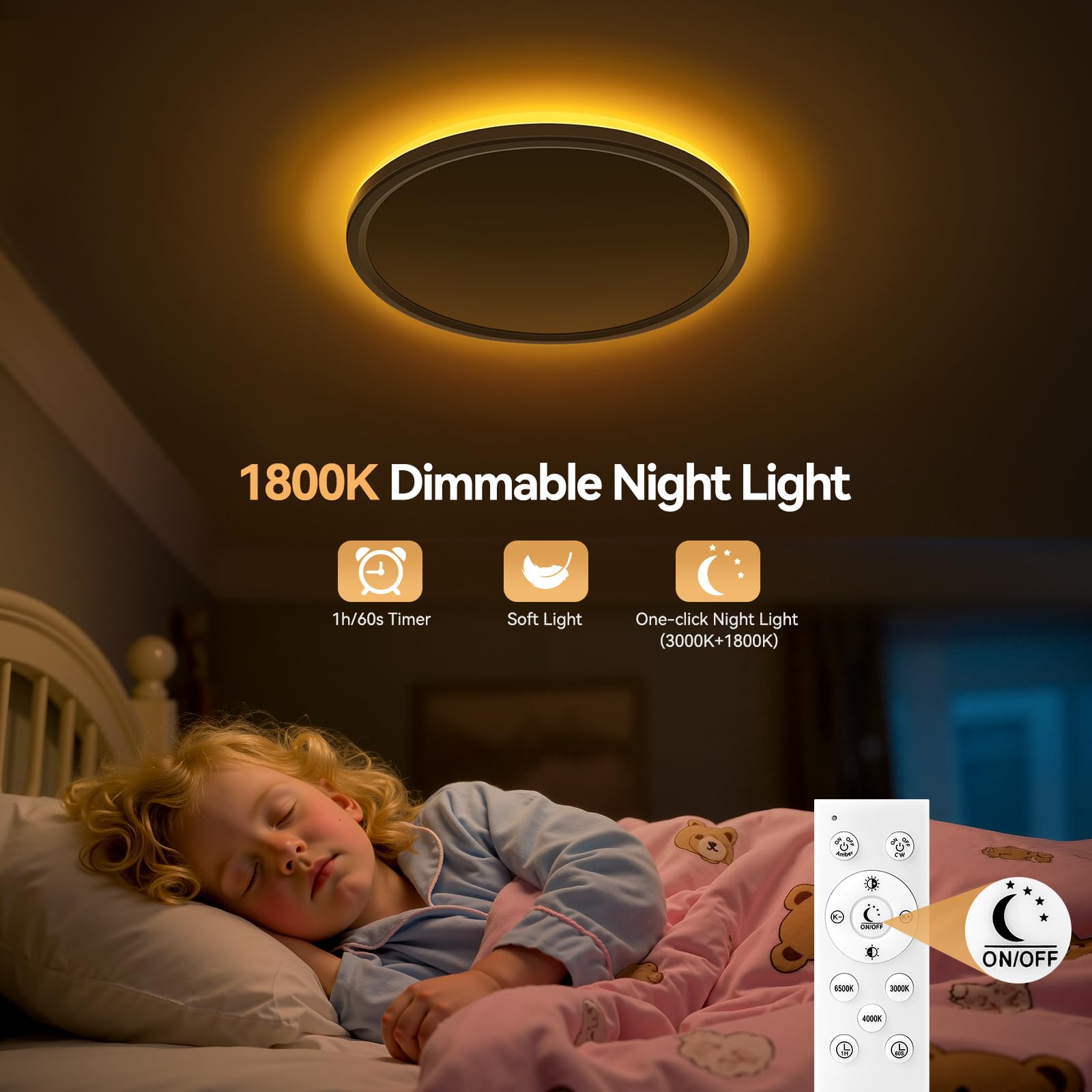 HighLuc LED Ceiling Light Dimmable 24W Ceiling Lamp with Remote Control 6W 1800K Night Light Warm 3000K-6500K Ceiling Lights for Bedroom Kids Room Living Room Bathroom Kitchen Round White diameter 29CM - Image 2