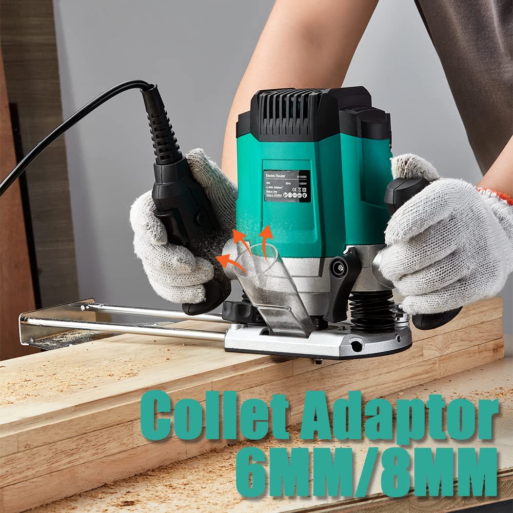 Stanew Fresadora ELECTRICA Para Madera1200 W 16000-30000 RPM,Profession Rebajadora Eléctrica con Juego de 12 fresas,6 Velocidades,Ajuste de la Profundidad de Fresado.