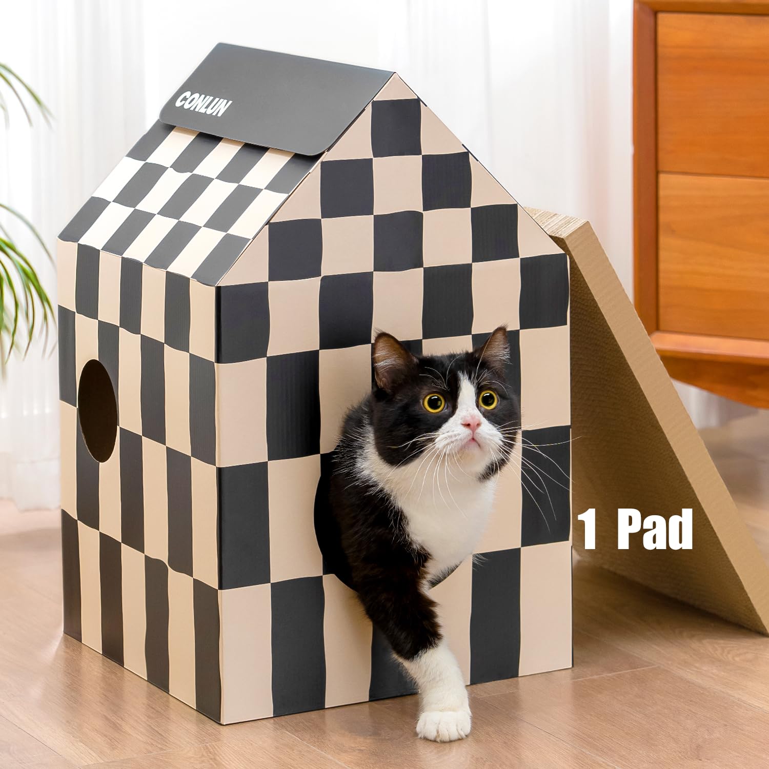 Conlun Cardboard Cat House with Scratching Board & Catnip, Cat Play Scratch House for Indoor Hideaway Furniture, Heavy Duty Sturdy Cardboard Scratcher, Easy to Assemble Birthday Gift, Medium