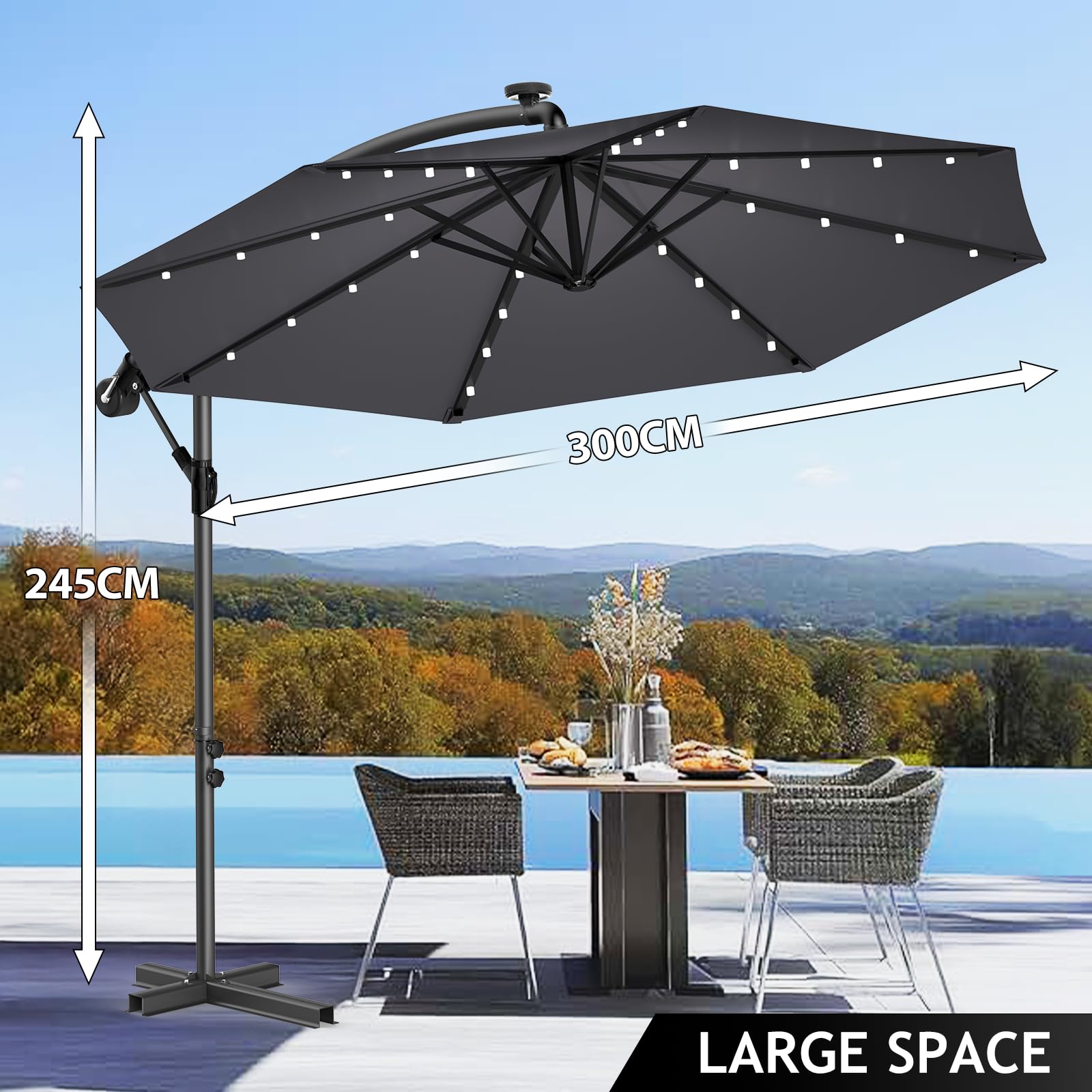 Soontrans Sonnenschirm, Tagsüber Schatten Abends Strahlen, 32 LEDs Solar Alu Ampelschirm Stufenlos Neigbar & mit Ständer & Belüftungsventil & Kurbelsystem, UV-Schutz Wasserdicht