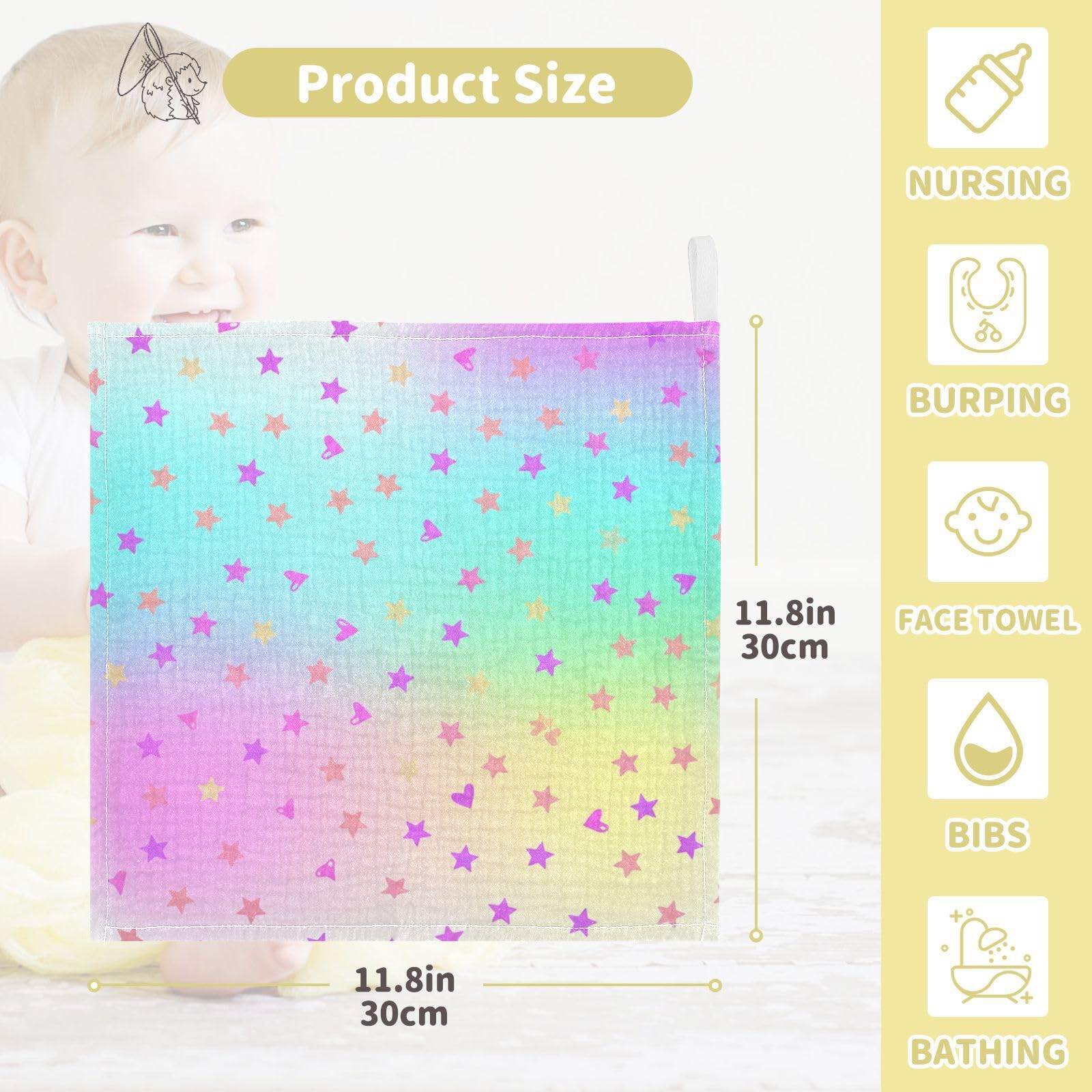 Kigai Rainbow Stars Baby Washcloths,5pcs Ultra Soft Absorbent Towel,Newborn Bath Face Towel, Natural Reusable Baby Wipes for Sensitive Skin, Baby Registry as Shower