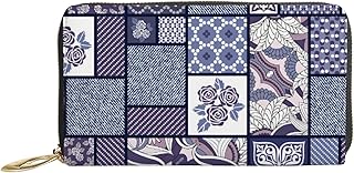 Carteiras femininas de couro genuíno abstrato desenhado à mão floral marroquino porta-cartão de crédito estojo com zíper organizador de embreagem de couro feminino bolsa longa de viagem, Marroquino floral desenhado à mão abstrato, 7x4.3x0.8 Inches