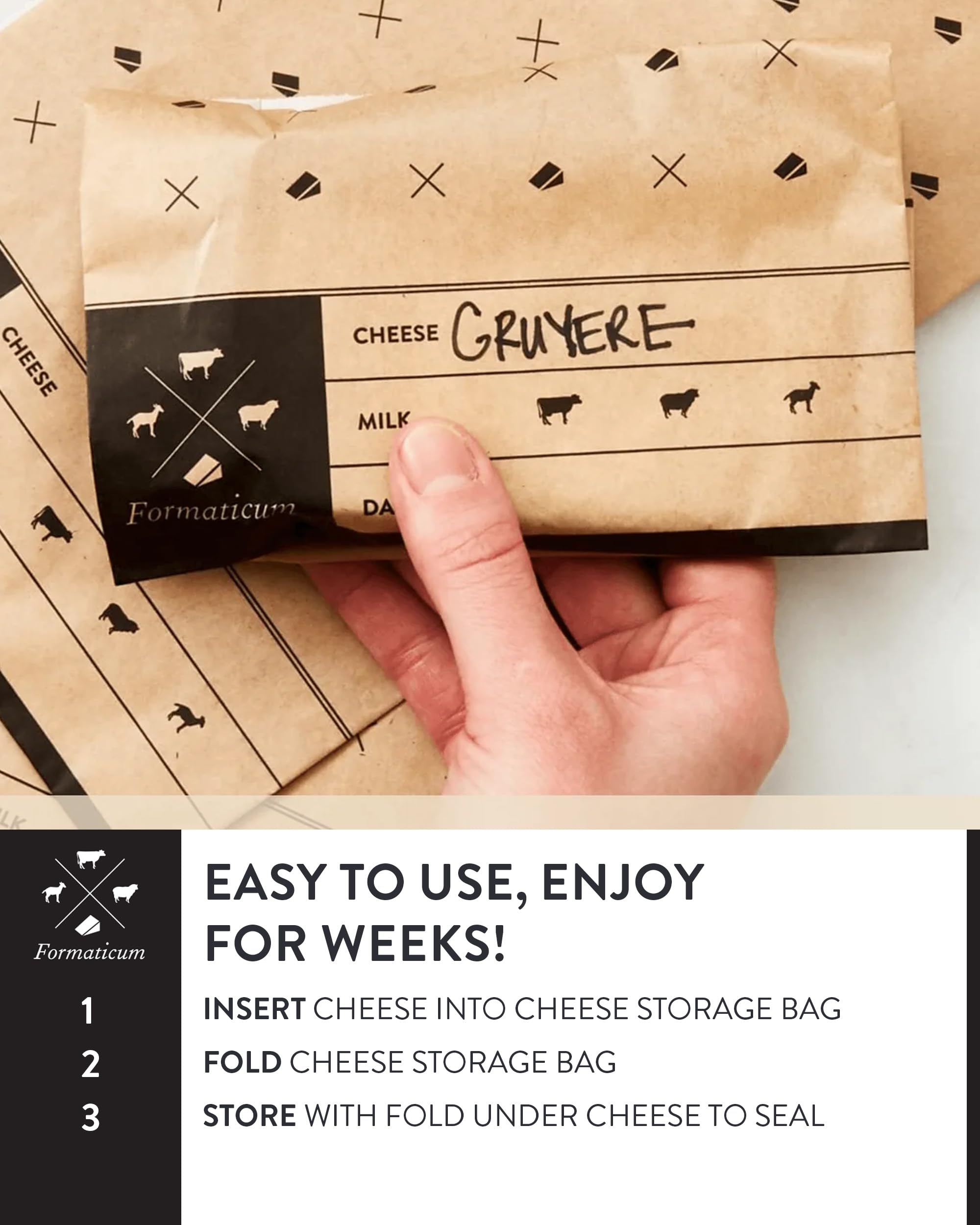 Formaticum Aufbewahrungsbeutel für Käse, 6,25 x 11, 60 Stück | Wachspapier, professionelle Qualität, poröses braunes Papier, aus Frankreich