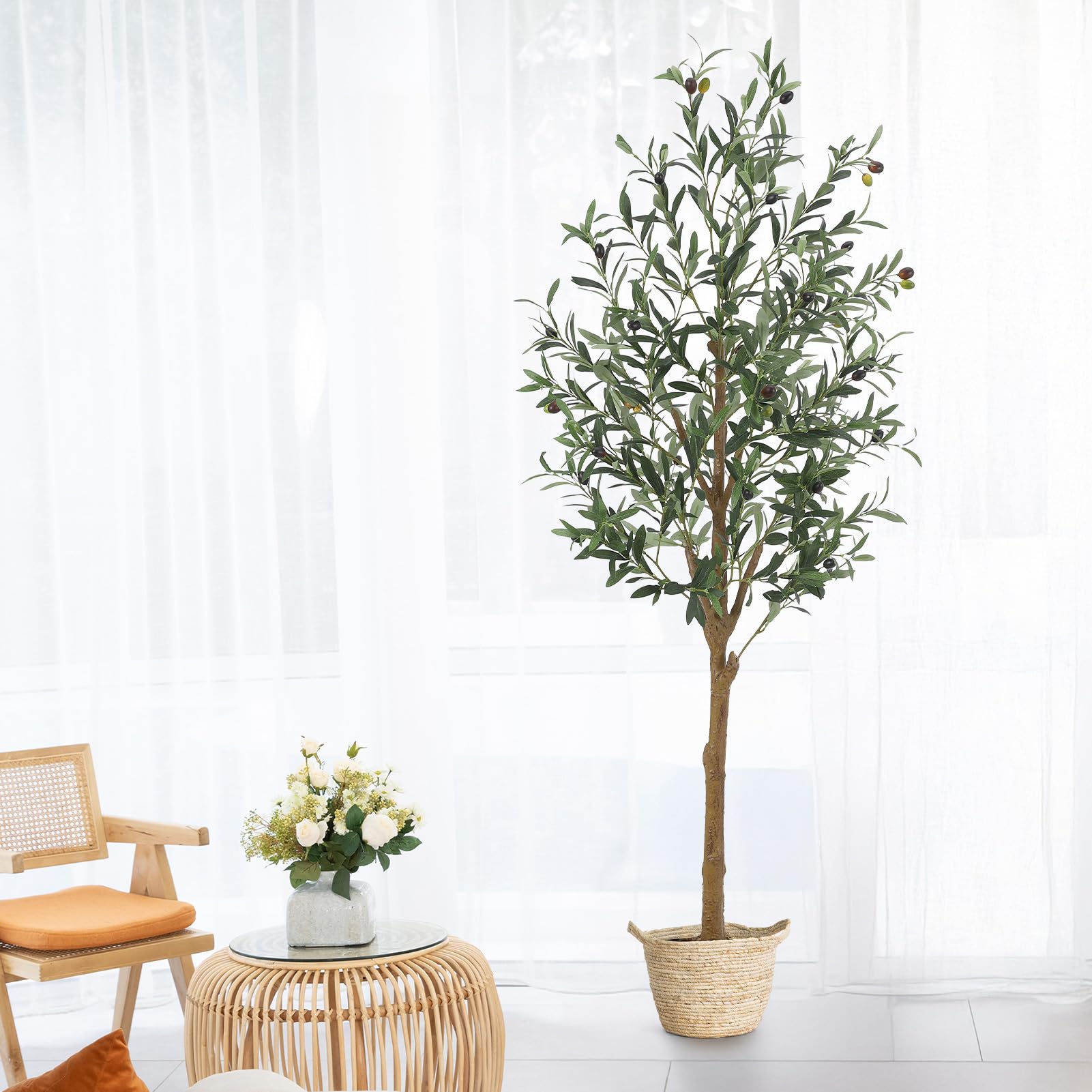 Aptliton Künstlicher Olivenbaum, 150 cm hoch, künstliche Olivenpflanzen mit lebensechten Olivenblättern, Holzstamm, Früchte, geeignet für Innen- und Außenbereich, Wohnzimmer, Büro, Gartendekoration