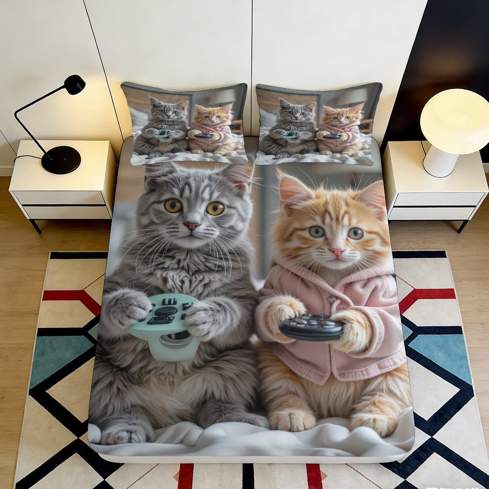 Decorative Cats Fitted Sheet 3D Printed Microfiber, Soft Touch, Wrinkle Resistant, Bed Cover for Bedroom or Guest Room Bedding, Easy Care, 115x200cm 90x200x25cm