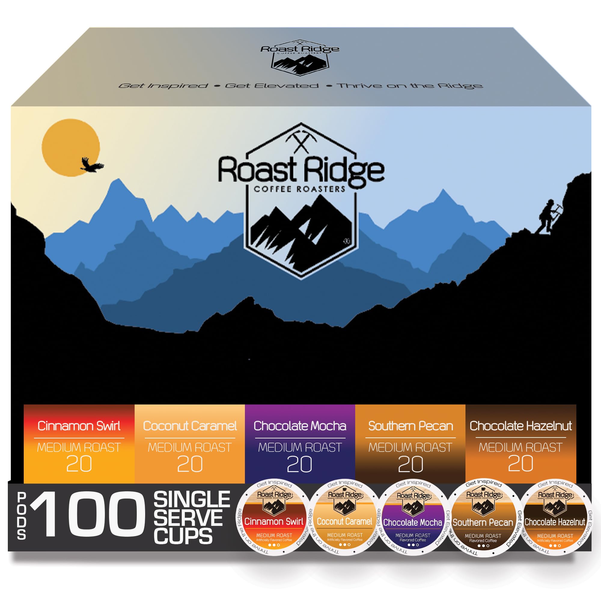 Roast Ridge Single Serve Coffee Pods for Keurig K-Cup Brewers, Variety Pack, Medium Roast, 100 Count (20 each: Cinnamon Swirl, Coconut Caramel, Chocolate Mocha, Southern Pecan, Chocolate Hazelnut)