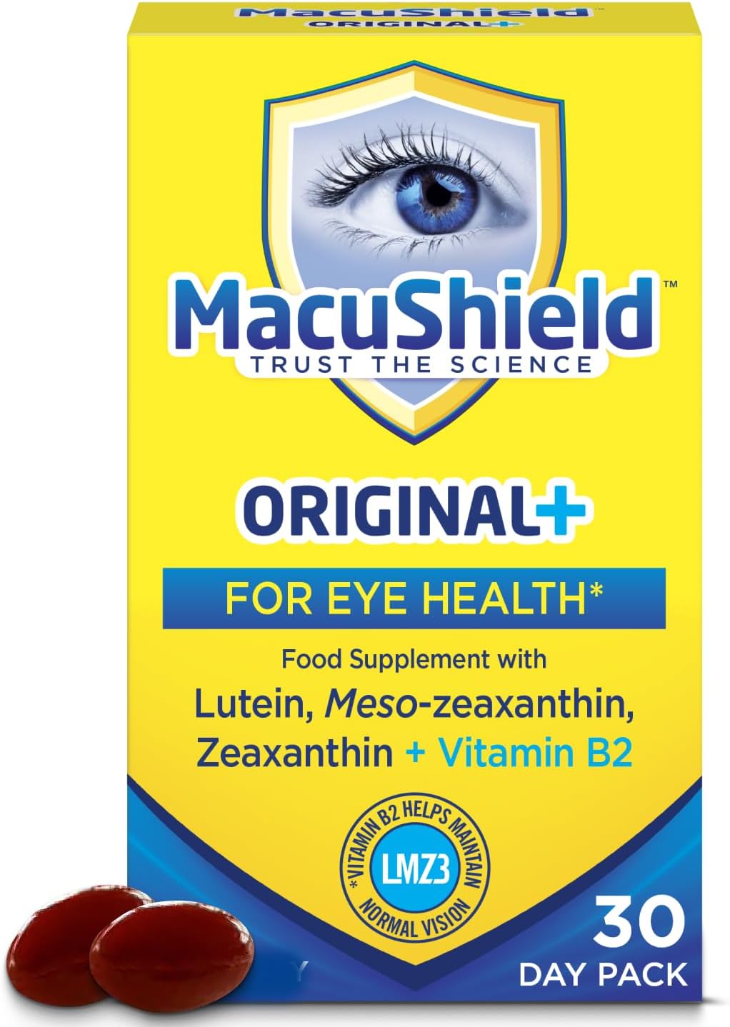 MacuShield Original Plus Capsules - 30-Day Pack, Eye Health Supplement* with Lutein Zeaxanthin and Meso-Zeaxanthin + Vitamin B2 (Riboflavin) which Helps Maintain Normal Vision
