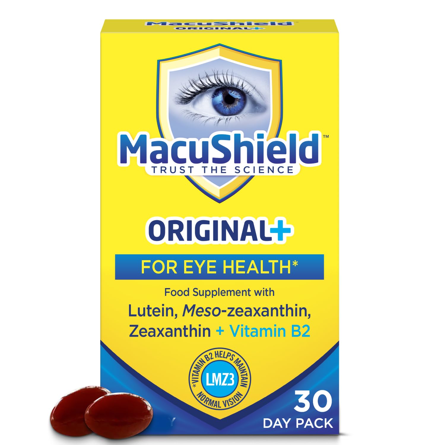 MacuShield Original Plus Capsules - 30-Day Pack, Eye Health Supplement* with Lutein Zeaxanthin and Meso-Zeaxanthin + Vitamin B2 (Riboflavin) which Helps Maintain Normal Vision