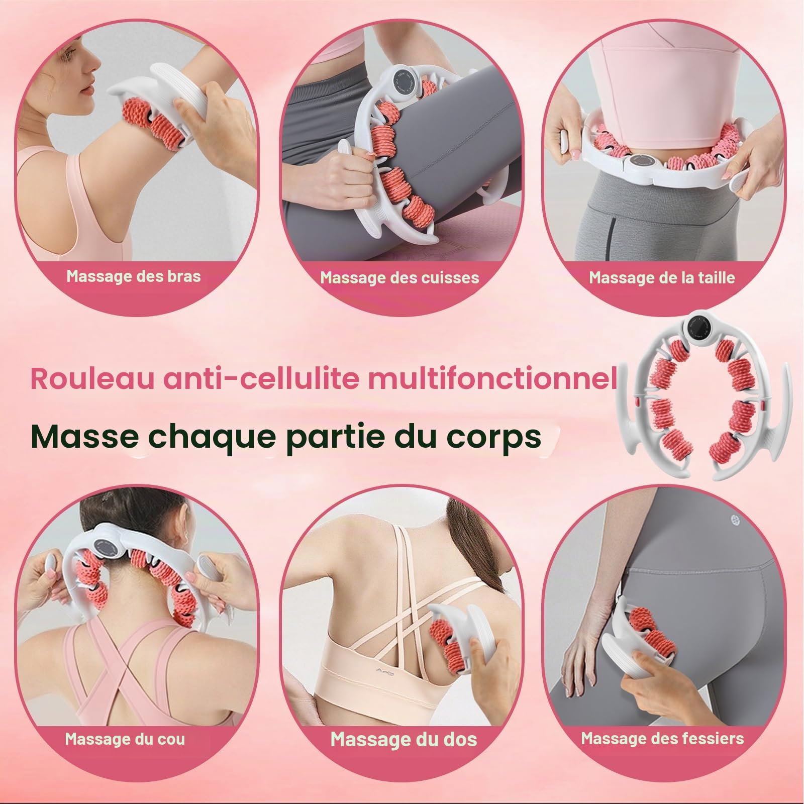 Masseur Anti Cellulite, Rouleau de Massage pour Jambes, Cuisses et Fesses, 360° Massage Cellulite avec Poignées Amovibles, Drainage Lymphatique Jambes (Rose)