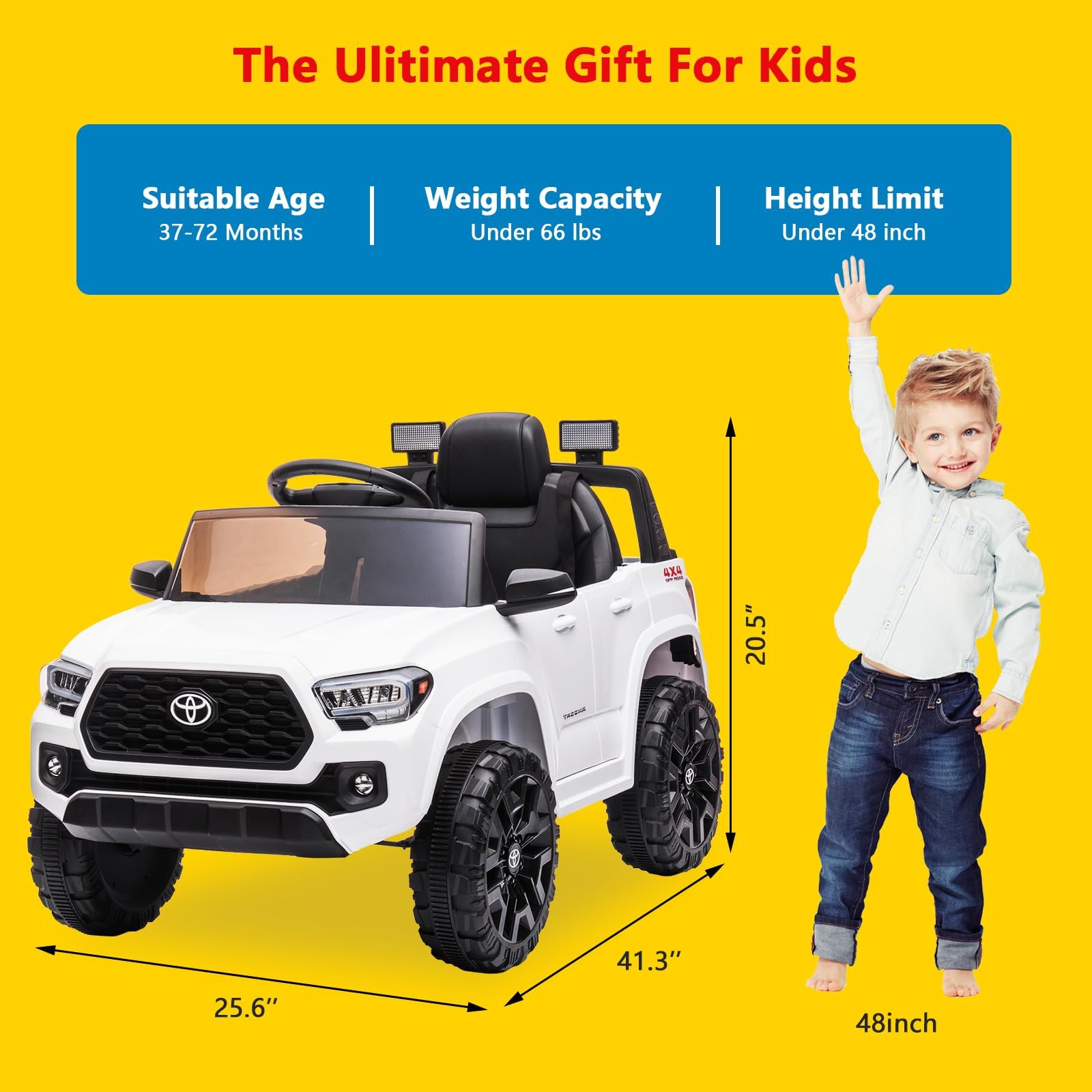 Lizenziertes Toyota 12V Kinder Elektroauto – Mit Fernbedienung, Sicherheitsgurt, sanftem Start, LED-Beleuchtung, Federung – Elektrisches Kinderfahrzeug ab 3 Jahre – Farbe: Weiß