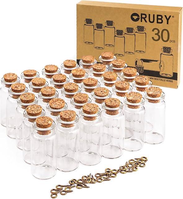 RUBY 30pcs 10ml Mini Bottles - Glass Bottles With Stoppers, Small Glass Jars With Lids, Spell Jars Kit, Small Glass Bottles With Cork