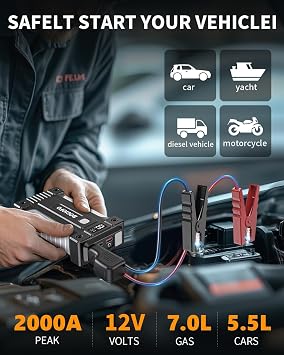 Car Jump Starter Power Bank, 2000A 12V Auto Jump Starter (Up to 7.5L Gas / 5.5L Diesel), Car Booster Jump Starter with Jumper Cables, Flashlight, and USB Quick Charge 3.0