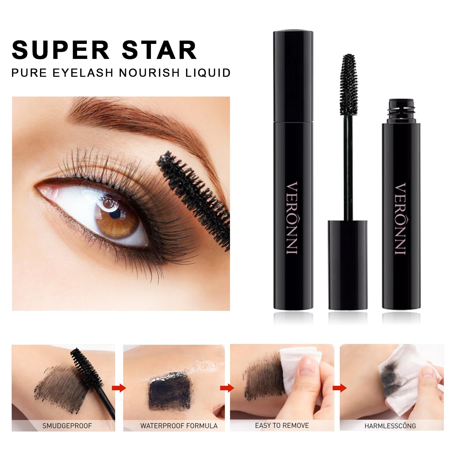 VERONNI Masque à cils blanc imperméable à l'eau bouclé, épais et allongé, soulève et prolonge les cils, résistant aux grumeaux, ne coule pas, masque de cils coloré à boucler