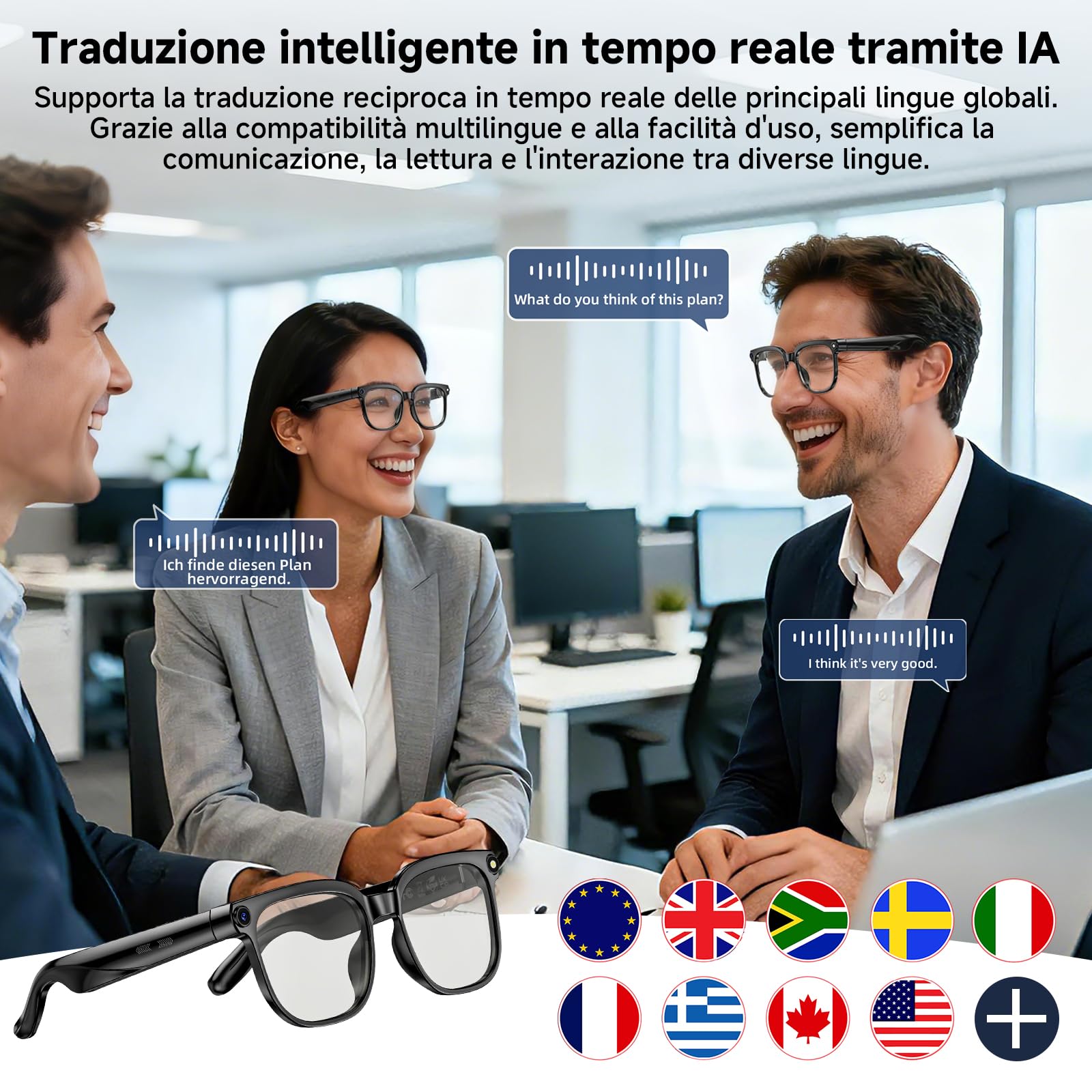 Occhiali intelligenti AI, Smart Glasses con 8K Fotocamera, 2 Paia di Lenti, registrazione video e audio HD 1080p, riproduzione musicale/Chiamate Bluetooth/Assistente AI/traduzione in tempo reale