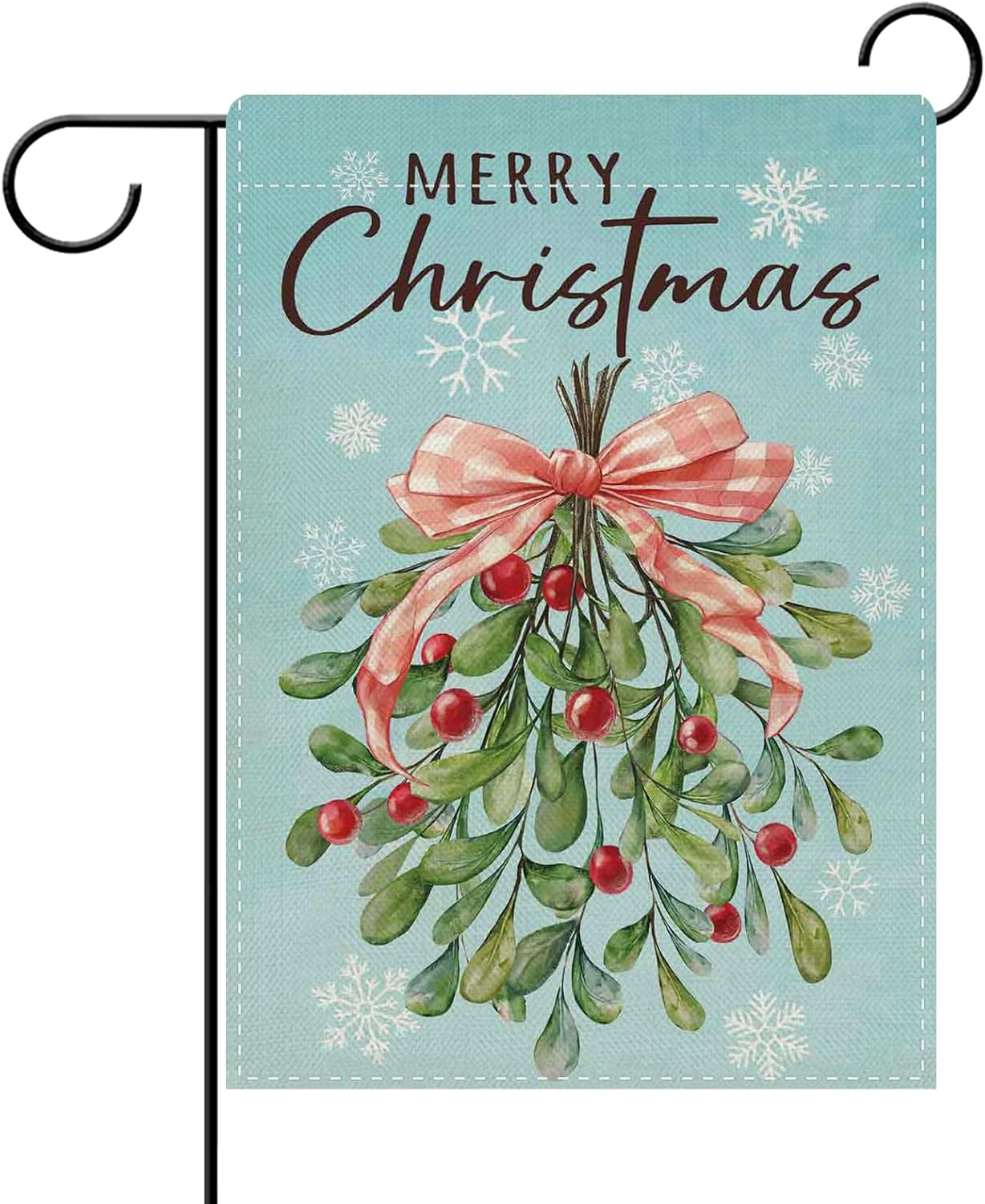 Dyrenson Merry Christmas Holly Berries Decorative Garden Flag, Mint Green Xmas Plaid Bow Ribbon Yard Outside Home Decoration, Winter Holiday Snowflake Burlap Outdoor Small Decor Double Sided 12 x 18