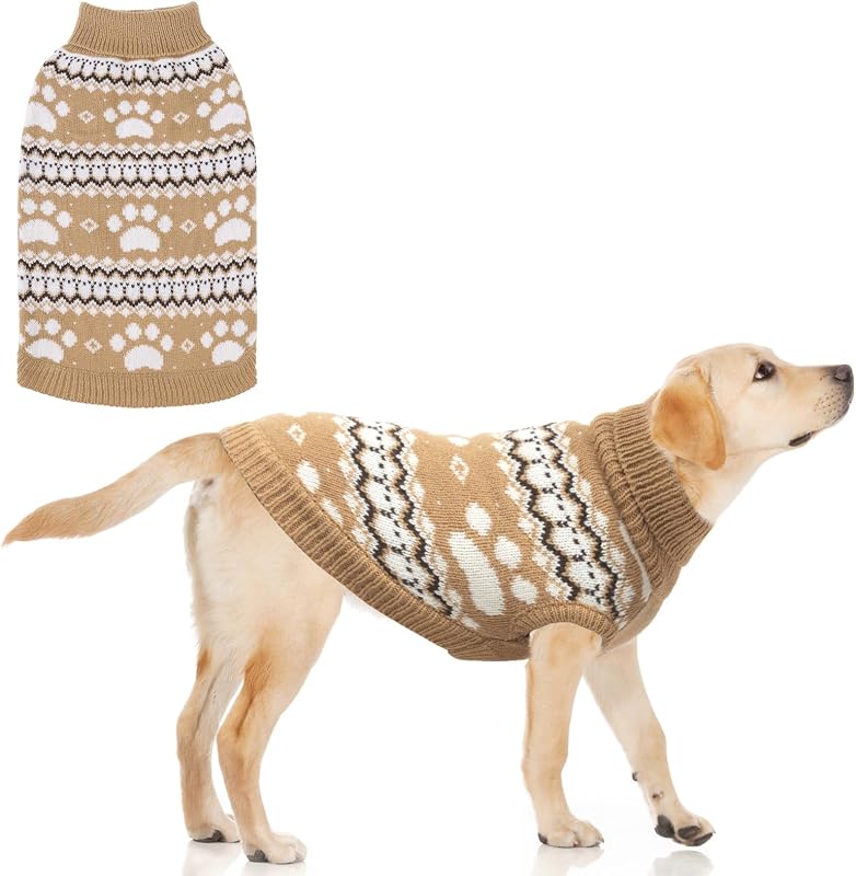 Suéter de Tricô para Cães com Gola Alta e Estampa de Patinhas KOOLTAIL, Khaki L