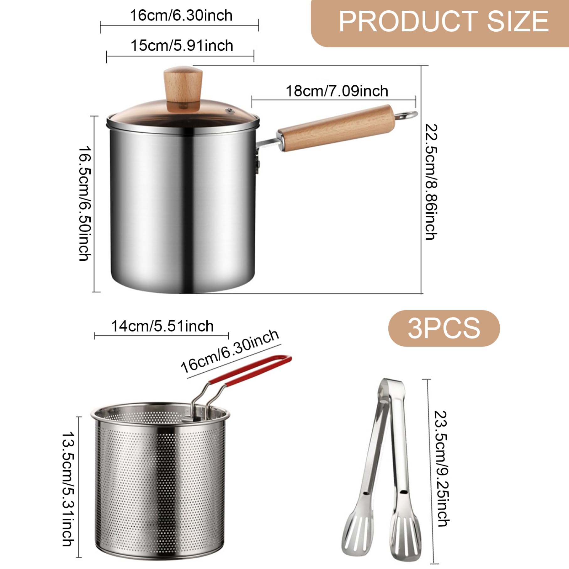 Bote de freidores de la estufa, la olla de freidora de acero inoxidable 3L con cesta de colador y mango, freidora superior con tapa y pinzas visibles para freír pollo y papas fritas