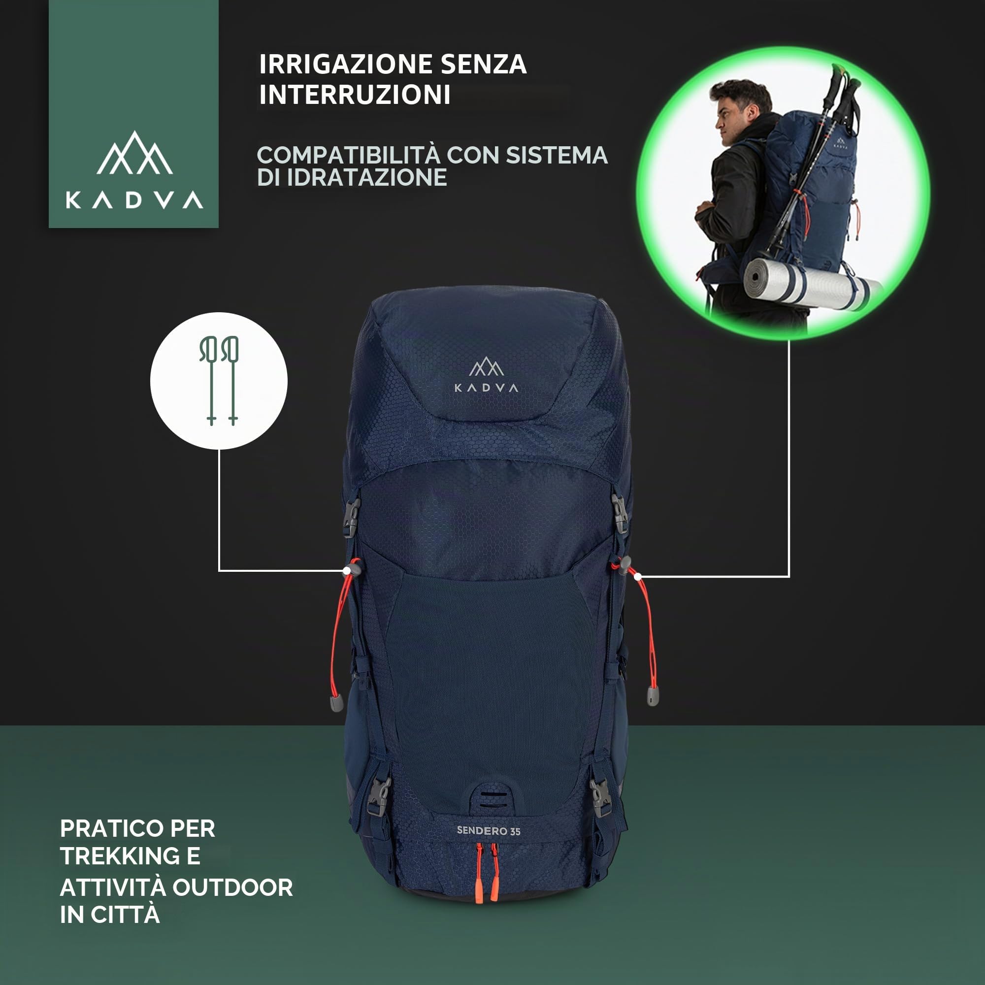 KADVA Zaino da trekking Sendero 35 l, sistema di trasporto Windspir, ventilazione e peso leggero, idrofobiatura, cinghie regolabili in vita e sul petto, dettagli riflettenti, cinghie inferiori