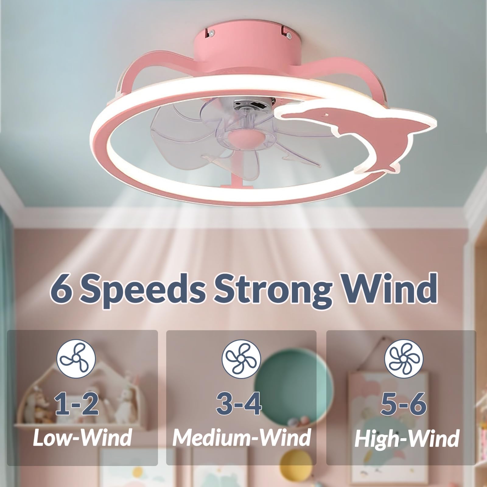 Ventilador de Techo Infantil Regulable con Forma de delfín, luz y Mando a Distancia, Ventiladores de Techo Modernos para Dormitorio Infantil con lámparas, Ventiladores de Techo LED