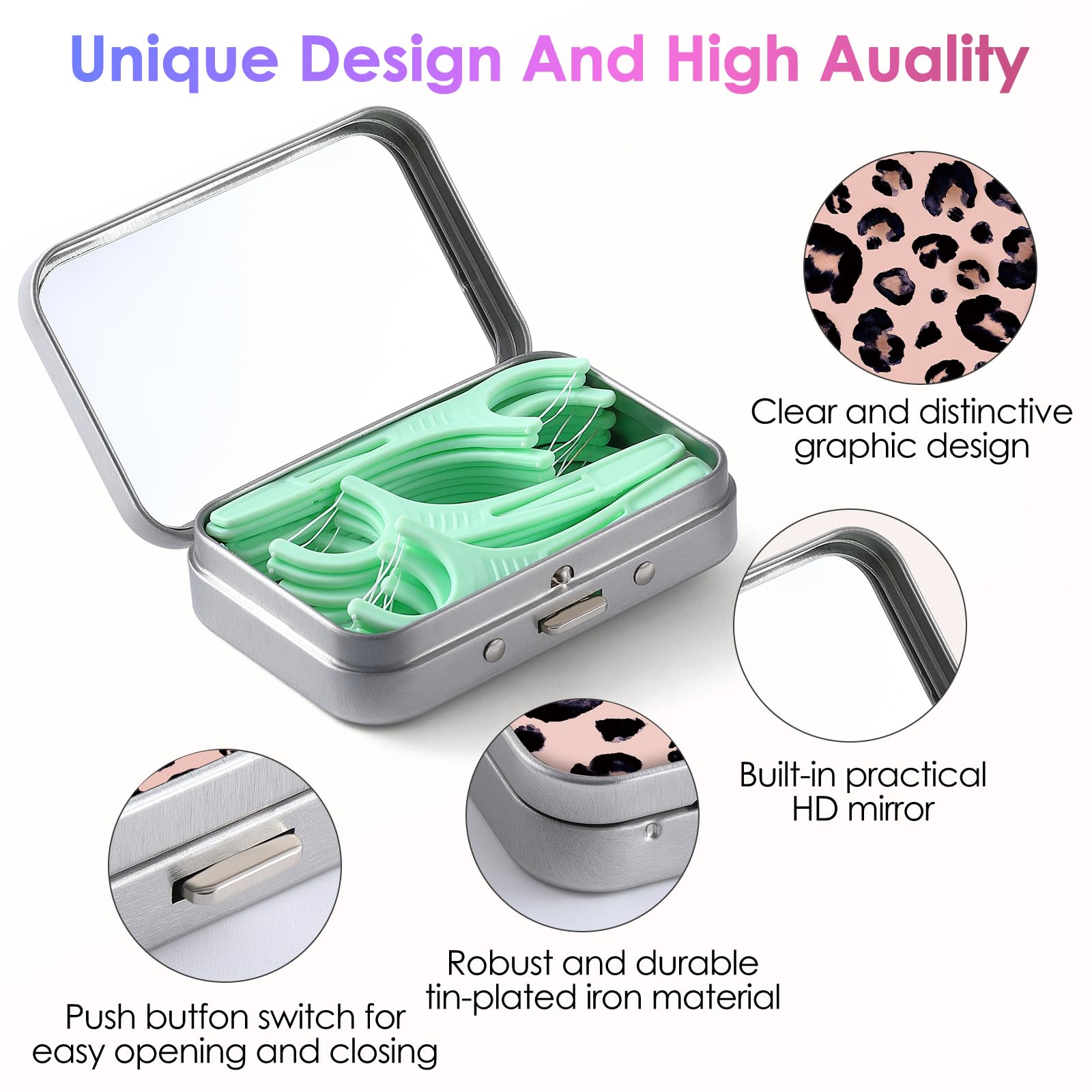 Funda portátil para hilo dental, fácil de almacenar púas de varios tamaños, dispensador de hilo dental portátil perfecto para viajes, hoteles, cenas, citas. Estampado de leopardo