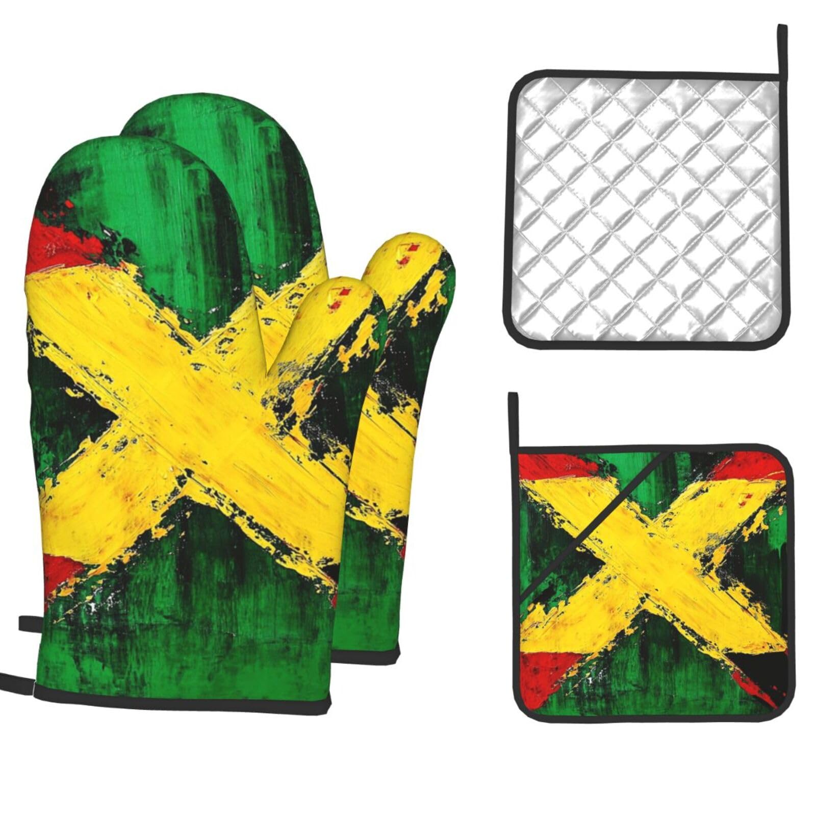 Oven Mitts and Pot Holders Set of 4 Heat Resistant Non-Slip Kitchen Gloves Hot Pads Jamaica Flag Non-Slip Potholders for Cooking Baking Grilling BBQ