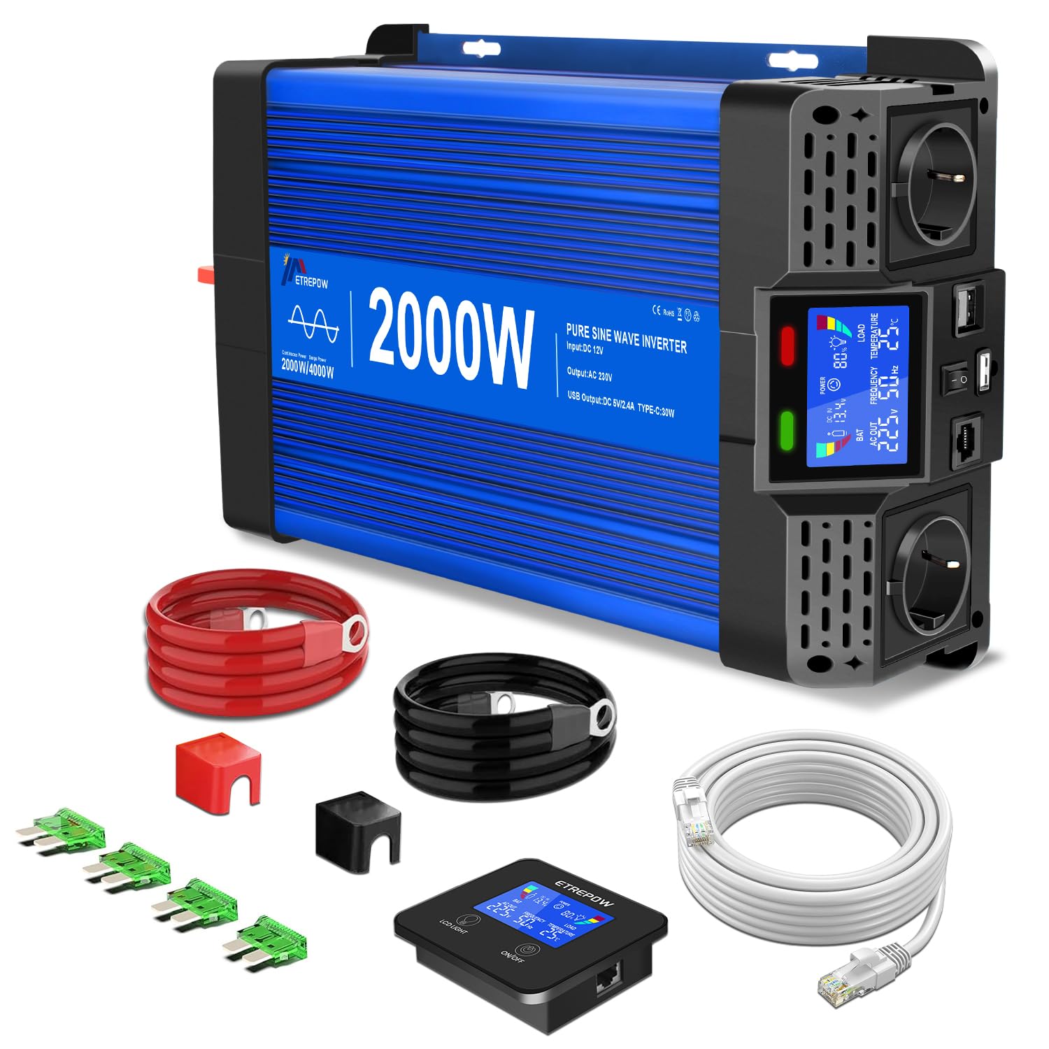 2000W/4000W 12V Auf 230V Reiner Sinus Wechselrichter mit Fernbedienung, 2 EU Steckdosen, 2 USB+Tycp-C Anschlüssen, geeignet für Haushaltsgeräte, Wohnmobile, Camping Spannungswandler