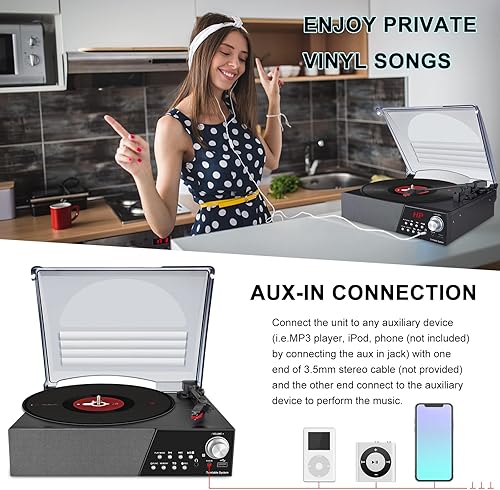 Miniatura 5 de HONGUT Tocadiscos, tocadiscos de vinilo de 3 velocidades con altavoz Bluetooth, reproductor de MP3, reproductor de vinilo LP portátil con radio