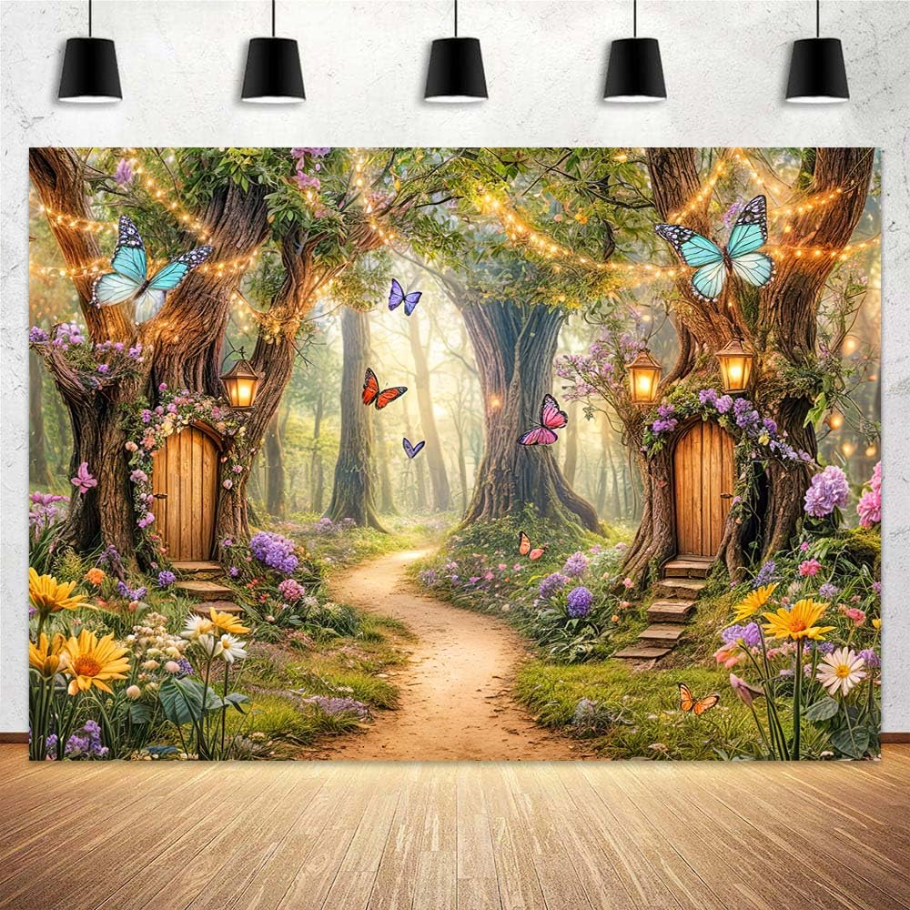Fairytale Forest Backdrop, Fairy Garden Tale Wonderland Mushroom House Butterfly Leaves Photography Background, Spring Kids Magic Party Decoration