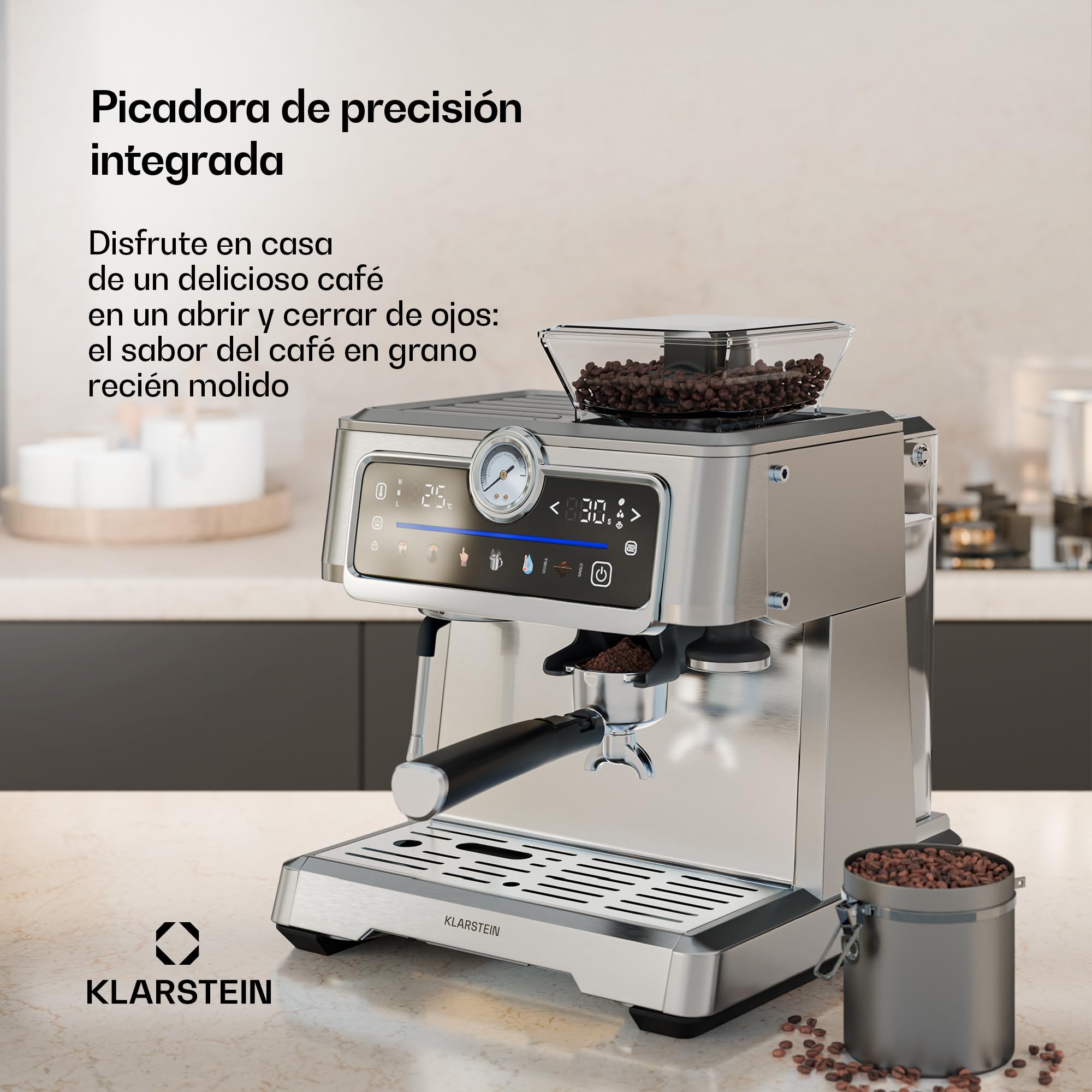 Klarstein GrandPresso Touch Cafetera Exprés 20 Bares - Pantalla Táctil, Molinillo Integrado, 2,3L, Acero Inoxidable, Espumador de Leche, Sistema Thermoblock, Cafetera Espresso