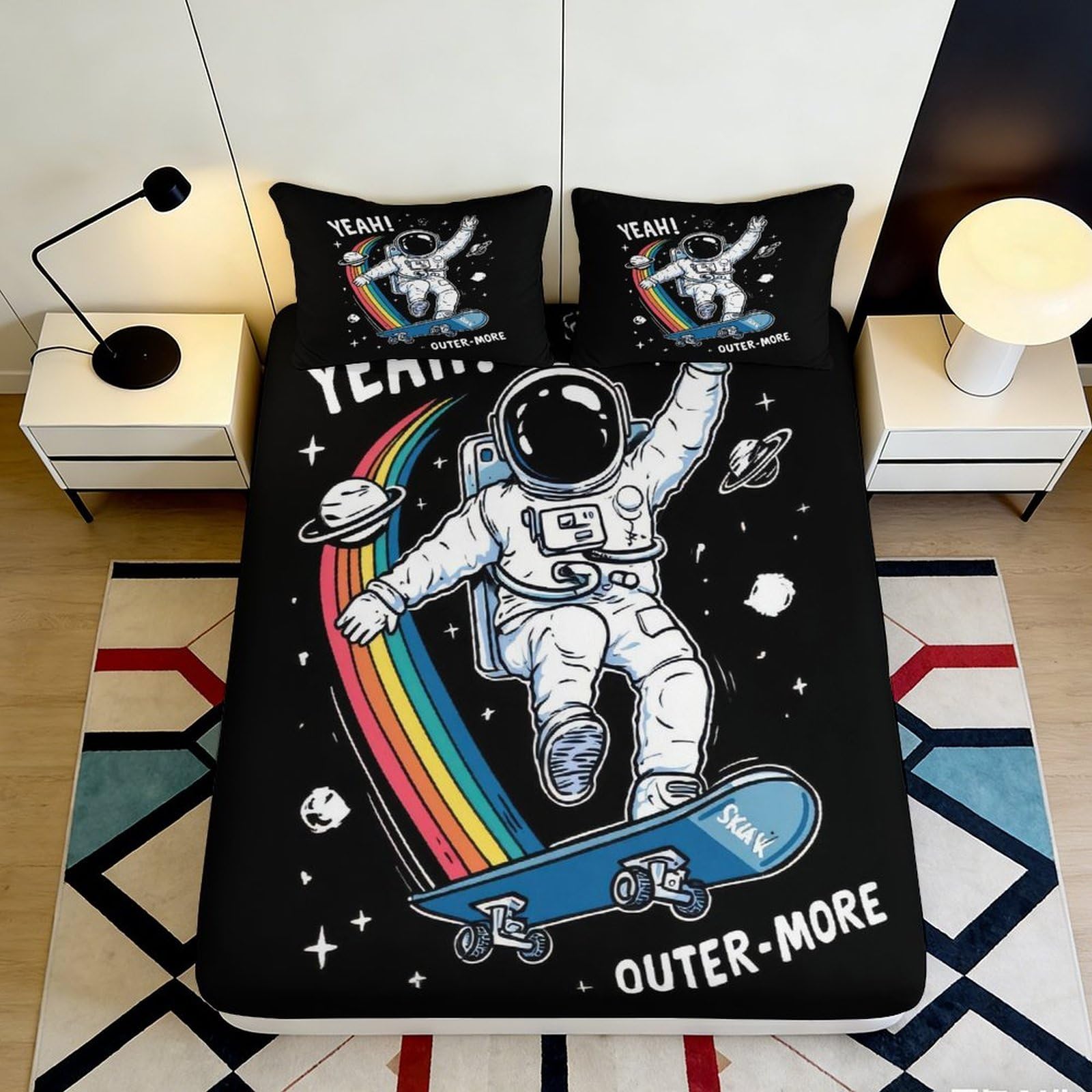 3D Printed Astronaut Skateboard Fitted Sheet Microfiber Anti-Slip Rainbow Space Bed Cover for Bedroom Dorm 90x200x25cm
