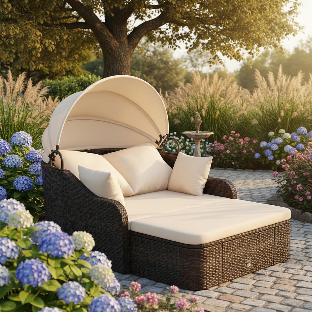 Tangkula PE Rattan Patio Daybed with Retractable Canopy, Modular Double Lounge Cushions & Pillows for Backyard Poolside