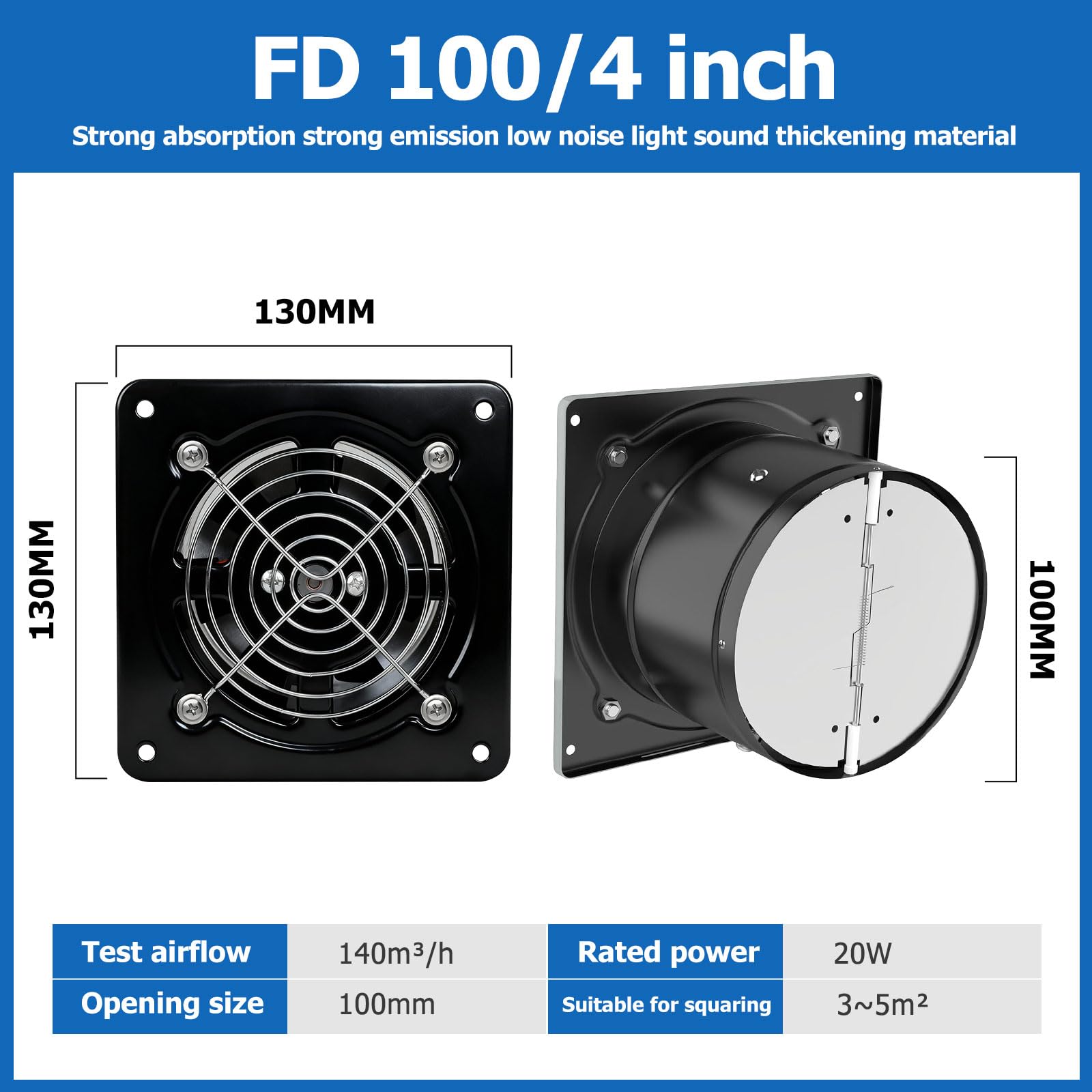 100 mm Extracteur d'Air, Ventilateur Mural 140m³/h avec Clapet Anti-Retour Matériau Métallique, Prévention de l'Humidité et Refroidissement, pour Salle de Bain, Cuisine, Bureau, WC, Garage - Noir