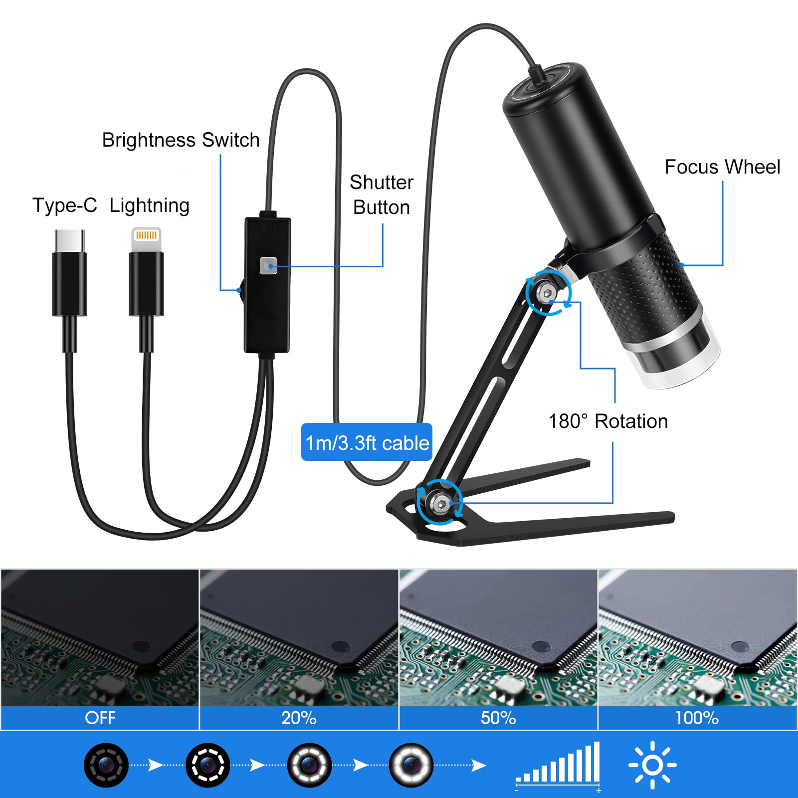 Jiusion HD 2MP USB microscopio digital 40-1000X cámara endoscopio portátil con 8 LED aleación de Jiusion HD 2MP USB microscopio digital 40-1000X cámara endoscopio portátil con 8 LED aleación de