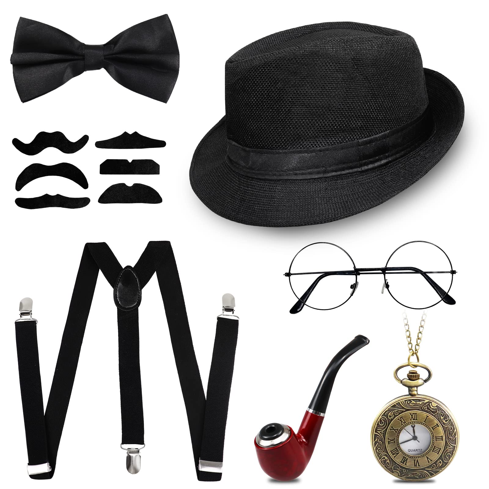 1920s Gatsby Costume for Men,1920s Men Fancy Dress Accessories Set,Retro Gangster Costume Kit with Panama Hat Elastic Suspenders Mustache Pocket Watch Cigar