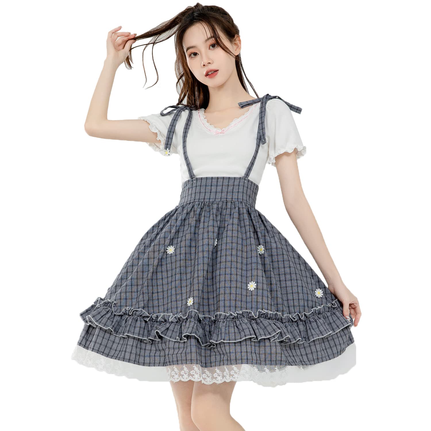 Packitcute Women's Black Teen Girls' Plaid Skirt, Cute Floral Summer Elastic Waist Casual A-Line Swing Skirts - One Size